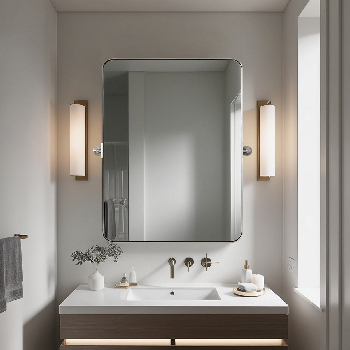 Tilting Rectangular Pivot Mirror for Bathroom & Vanity - Stainless Steel Frame | Space-Saving Wall Mounted Mirror for Makeup, Shaving & Home Decor