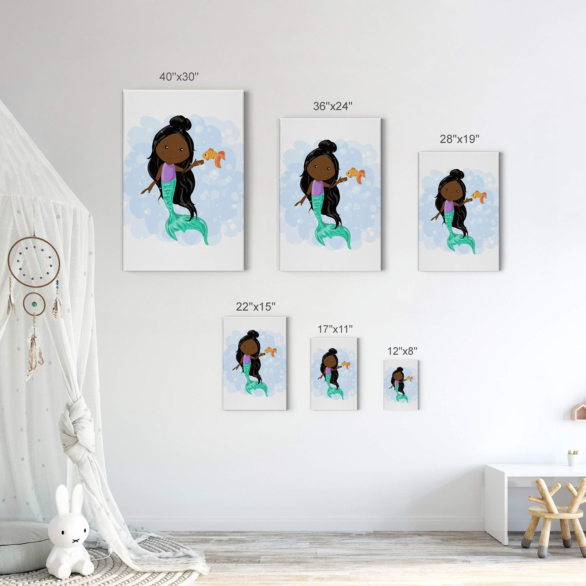 Cute African American Mermaid Canvas Print - Smile Art Design with White Background, 36x24 Inch, Ready to Hang Wall Art for Kids Room, Nursery & Baby Room Decor | Made in USA | Perfect for Birthday Gifts & Coastal Themed Bedrooms