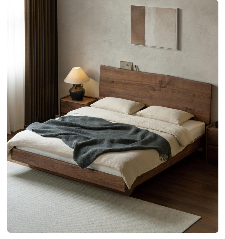 Black Walnut Solid Wood Bed Frame - Wabi Sabi Style Minimalist Bedroom Furniture for Zen & Japandi Home Decor