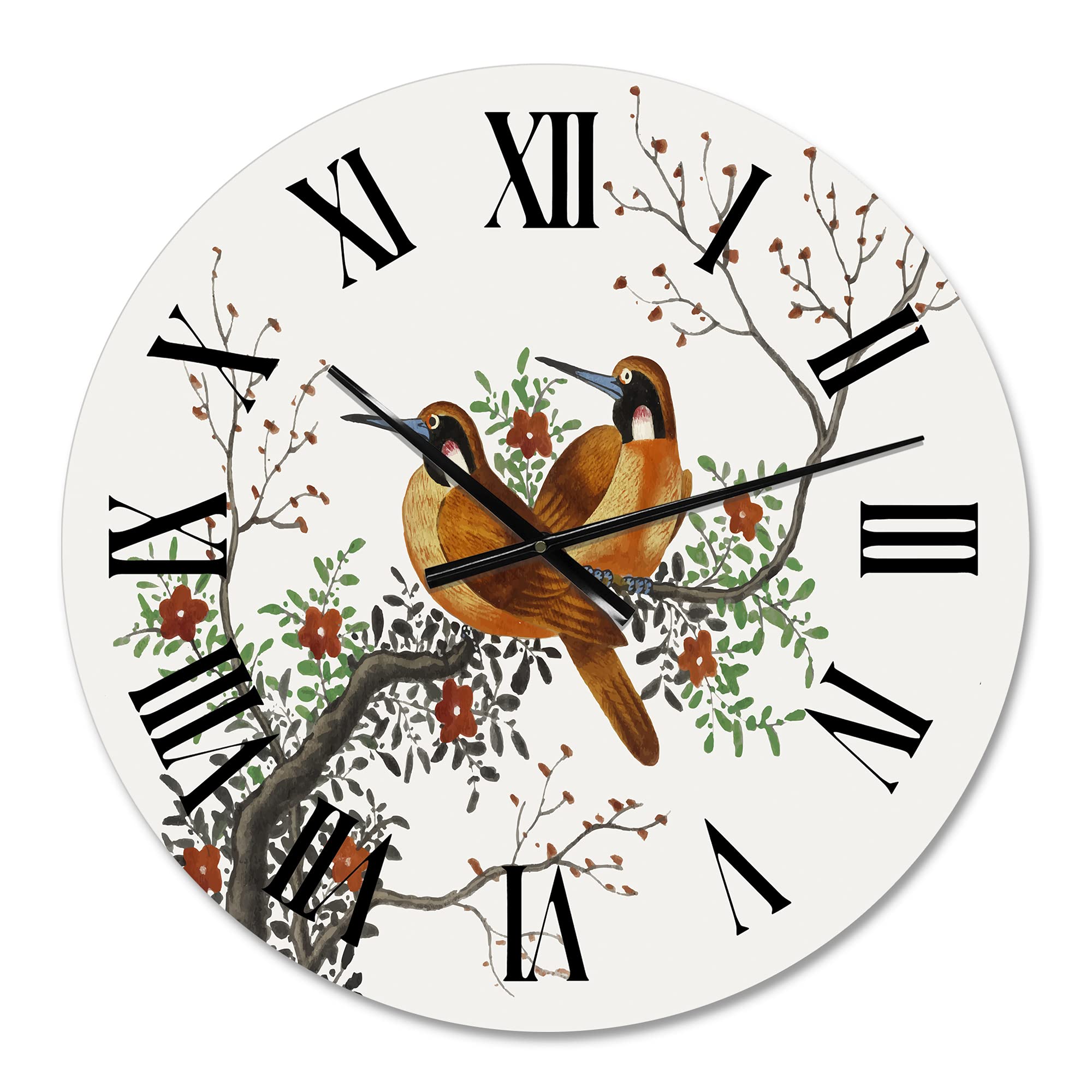 DesignQ Traditional Large Wall Clock - Two Chinese Birds on Flowering Tree Branch - Elegant Animal-Themed Home Decor for Living Room, Bedroom & Office
