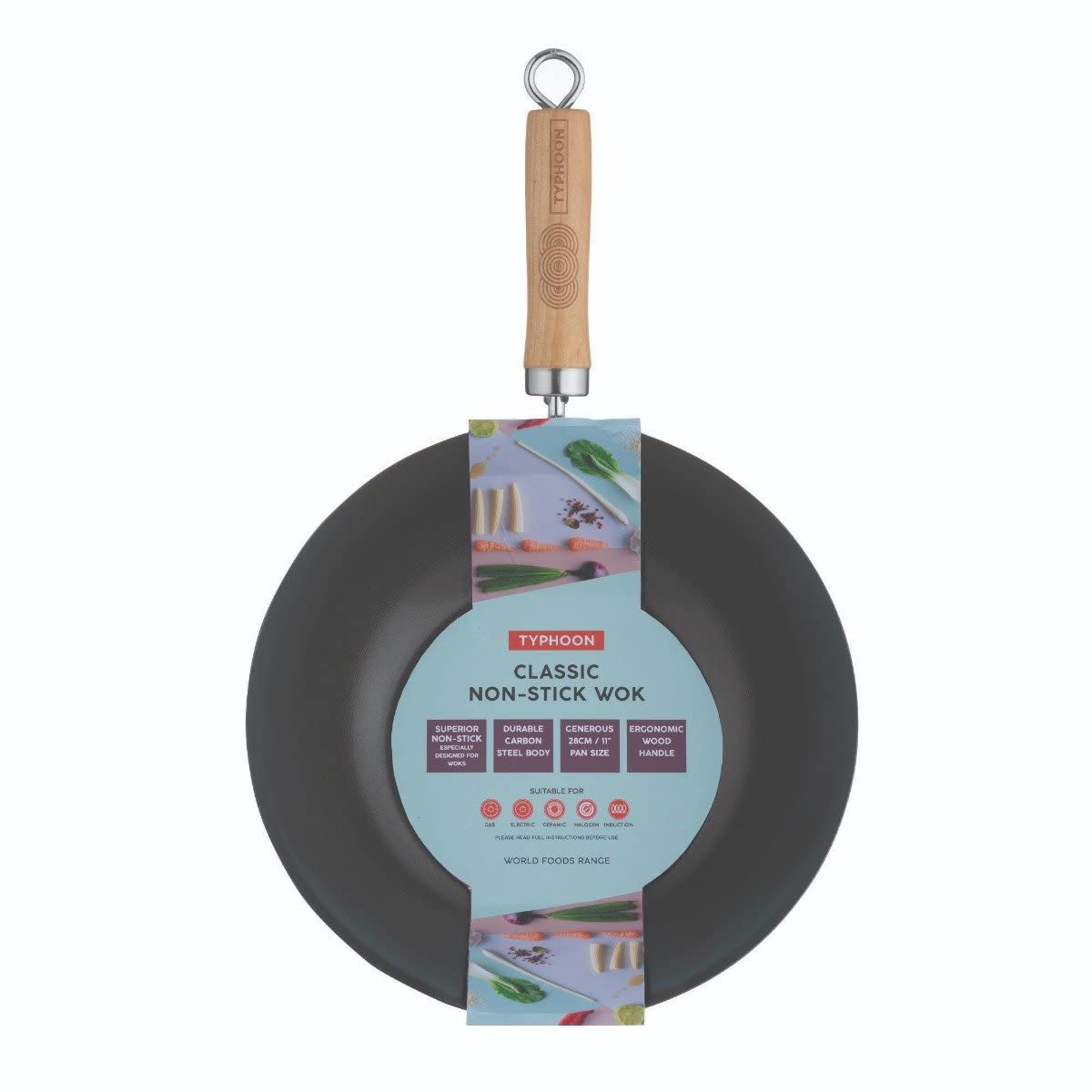 Typhoon World Foods 28cm Non-Stick Carbon Steel Wok Pan - Professional Stir Fry, Saute, Deep Fry & Asian Cooking - Perfect for Home Chefs & Restaurants