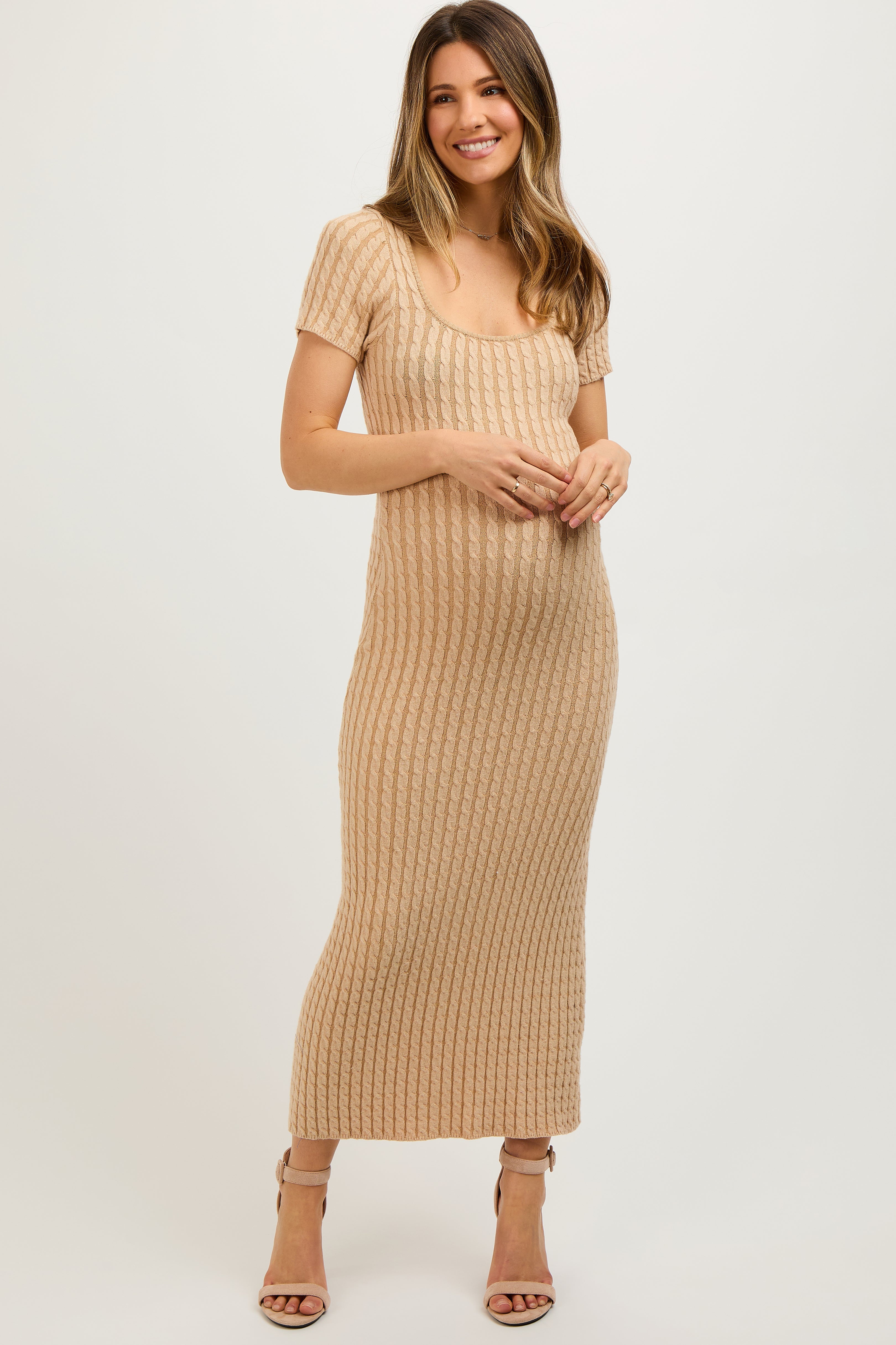 Beige Cable Knit Maternity Sweater Dress for Pregnancy - Soft Comfortable Long Sleeve Wrap Dress for Moms-to-Be, Perfect for Baby Shower, Maternity Photos & Winter Outfits