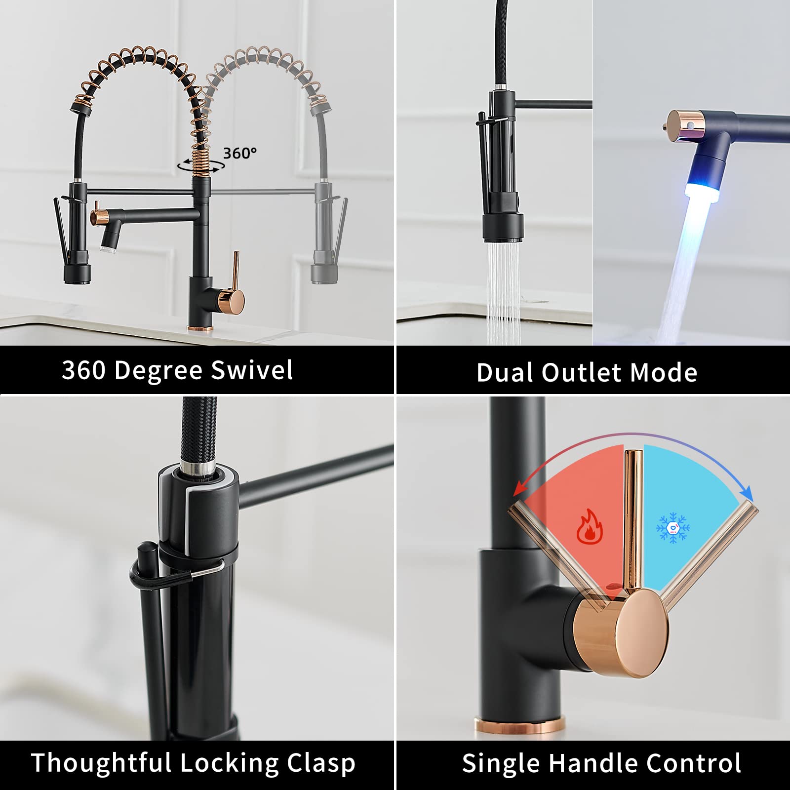 AIMADI Matte Black Commercial Kitchen Faucet - Single Handle Pull Down Sprayer with Spring Rose Gold Accent | Perfect for Restaurants, Home Kitchens & Bar Sinks