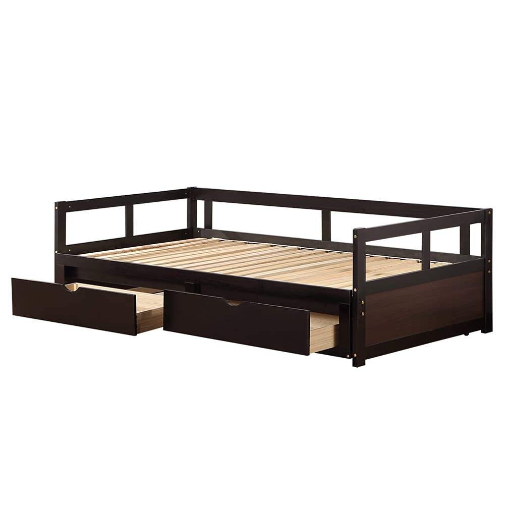 Convertible Sofa Bed with Trundle & 2 Storage Drawers - Solid Wood Daybed Frame, Space-Saving Extendable Guest Bed for Small Apartments, Living Room & Bedroom (Espresso Finish) - Perfect for Overnight Guests, Studio Apartments & Multi-Functional Spaces