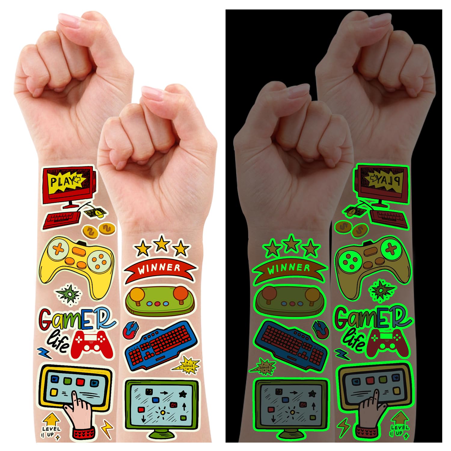 Partywind Glow in the Dark Video Game Temporary Tattoos for Kids - 158 Styles Gamer Birthday Party Supplies, Decorations & Favors for Boys - Fun Fake Tattoo Stickers for Gaming Themed Parties, Halloween & Cosplay Events