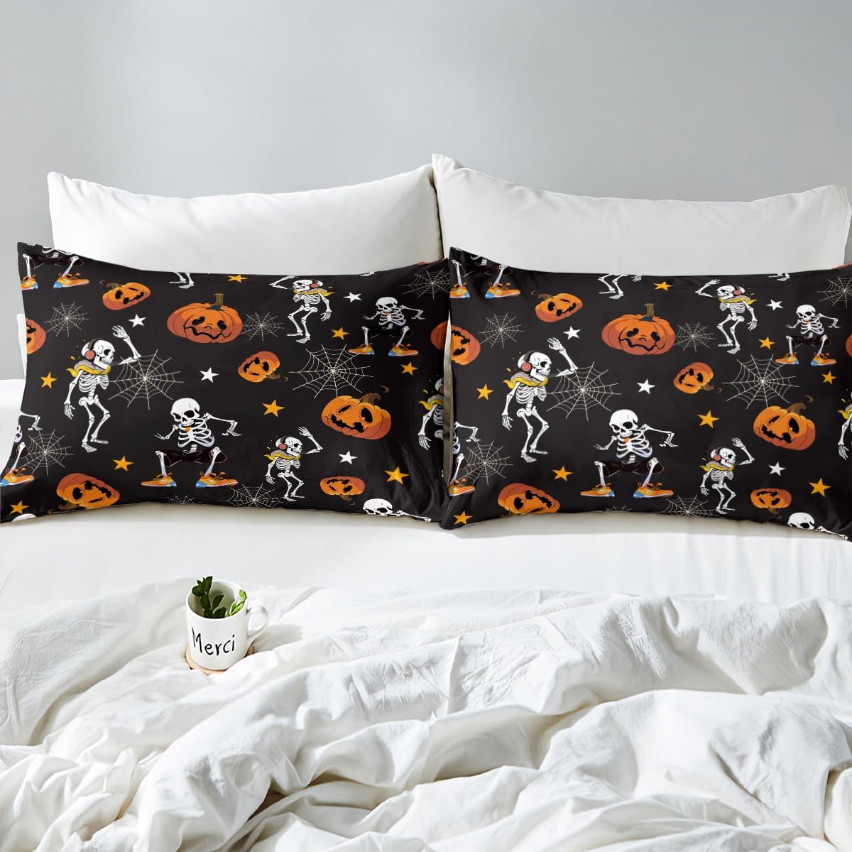 **Gothic Skull Bed Sheet Set Full Size - Halloween Skeleton Bedding for Boys, Teens & Men - Black Pumpkin, Spider Web & Stars Design - Fitted Sheet, Flat Sheet & 2 Pillowcases - Perfect for Spooky Bedroom Decor & Halloween Party Themes**
