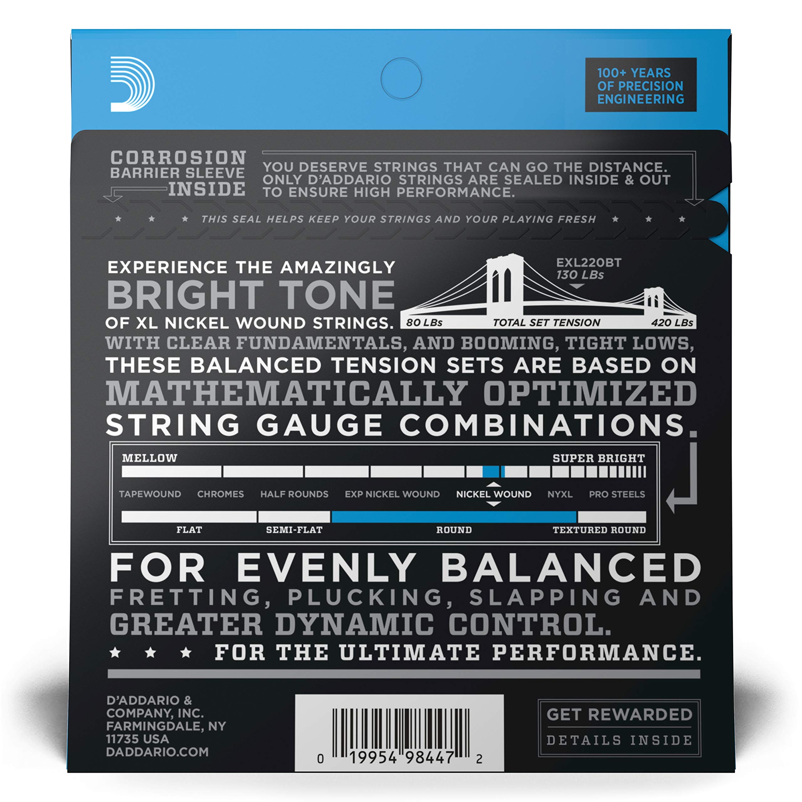D'Addario EXL220BT 45-65 Gauge Nickel Wound Bass Guitar Strings - Balanced Tension Super Light for Smooth Playability | Perfect for Rock, Jazz & Studio Recording