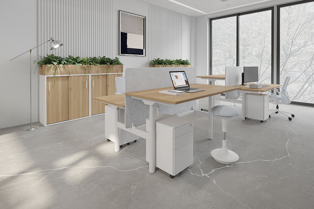 Flexi Premium Height Adjustable 2-Person H Bench Workstation - White Frame [1200L x 700W] - Ergonomic Office & Home Workspace Solution for Collaborative Teams