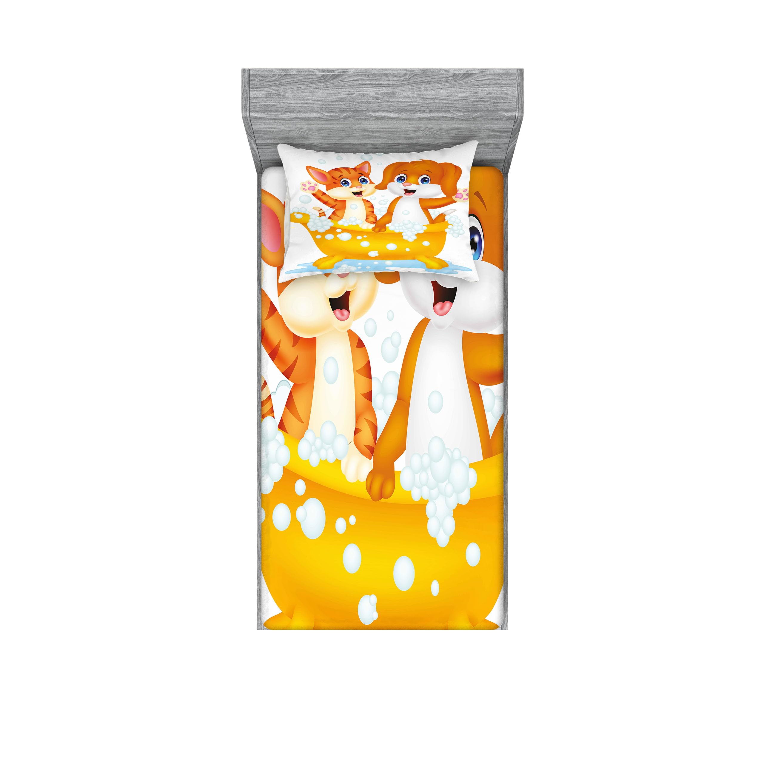 Ambesonne Animal Print Fitted Sheet & Pillow Sham Set - Cartoon Cat & Dog in Bathtub with Bubbles, Water Splash Design - 2 Piece Twin Size Bedding Set in Yellow, Brown & Blue - Perfect for Kids' Rooms, Pet Lovers & Whimsical Home Decor