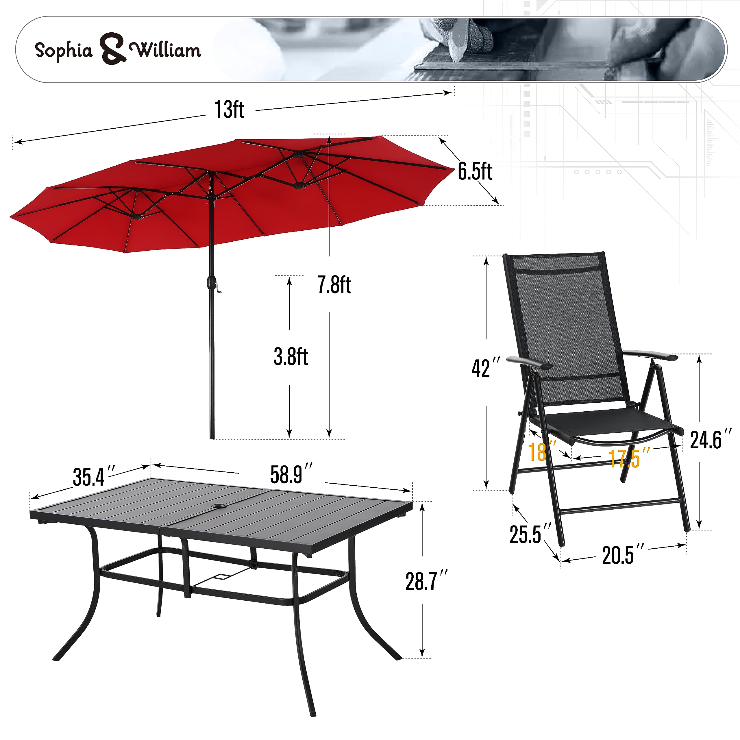 7-Piece Outdoor Patio Dining Set with 13ft Red Umbrella - Folding Metal Table & 6 Sling Chairs for Backyard, Garden, Poolside or Deck - Black Rectangular Furniture Set
