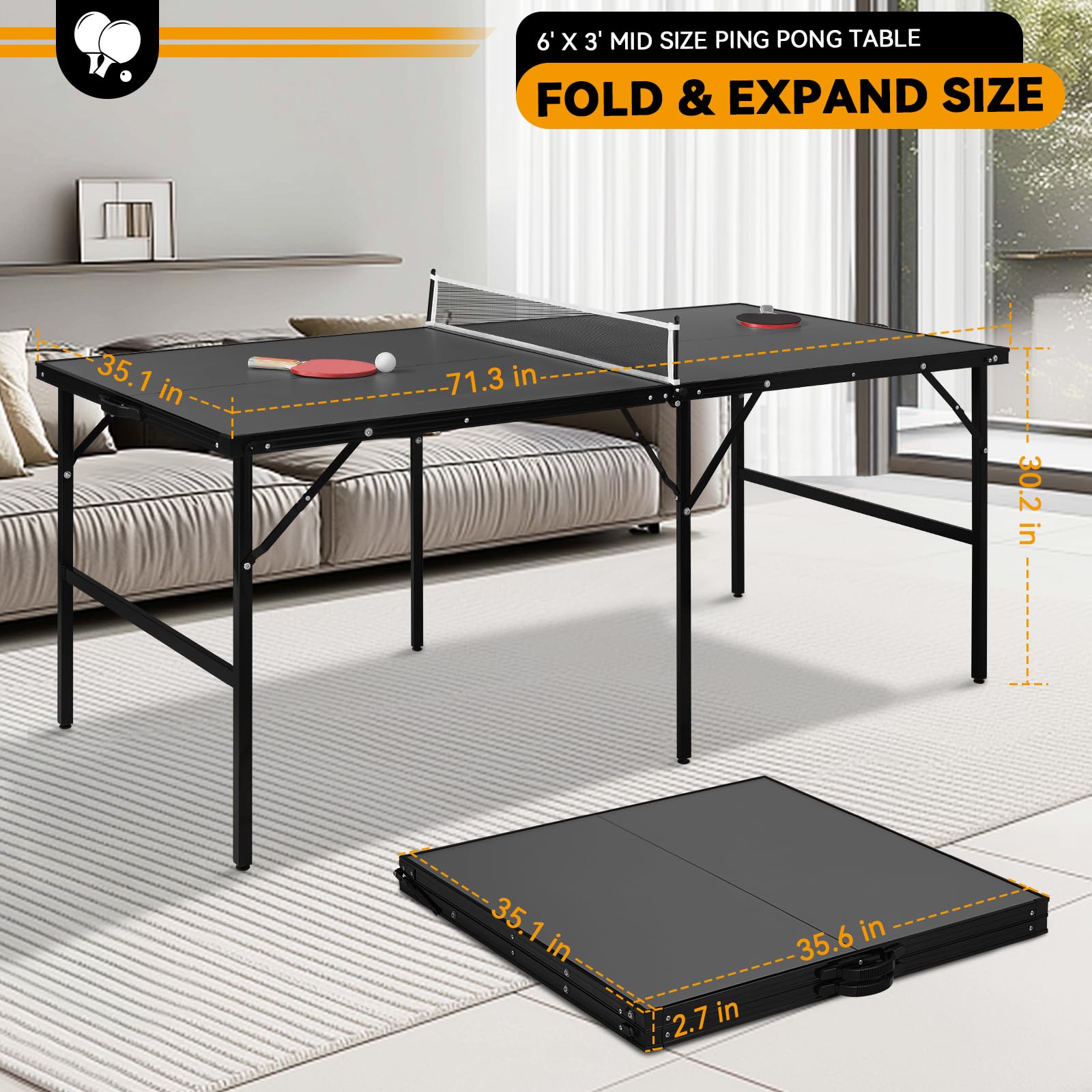 6x3 ft Portable Ping Pong Table - Indoor/Outdoor Folding Table Tennis Set with 2 Paddles, 2 Balls & Adjustable Net | Sturdy Iron Frame for Backyard, Game Room & Patio Fun
