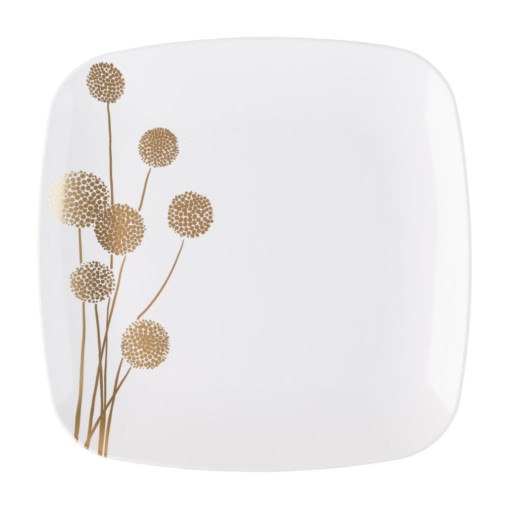 32-Piece White & Gold Square Plastic Dinnerware Set for 16 Guests - Elegant Disposable Plates, Forks, Knives, Spoons - Perfect for Weddings, Parties, Picnics & Outdoor Events