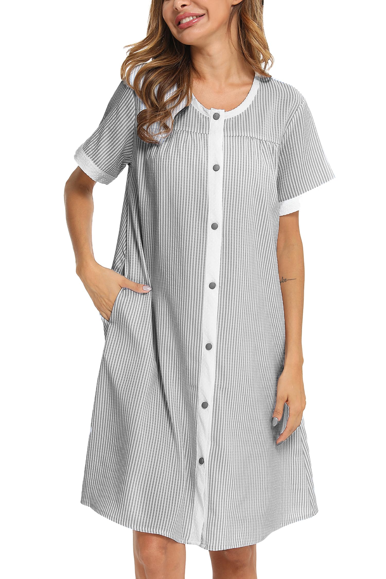 YOZLY Women's Short Sleeve House Dress with Pockets - Comfortable Home Robe, Duster & Moomoo Nightgown for Lounging, Sleeping & Housework