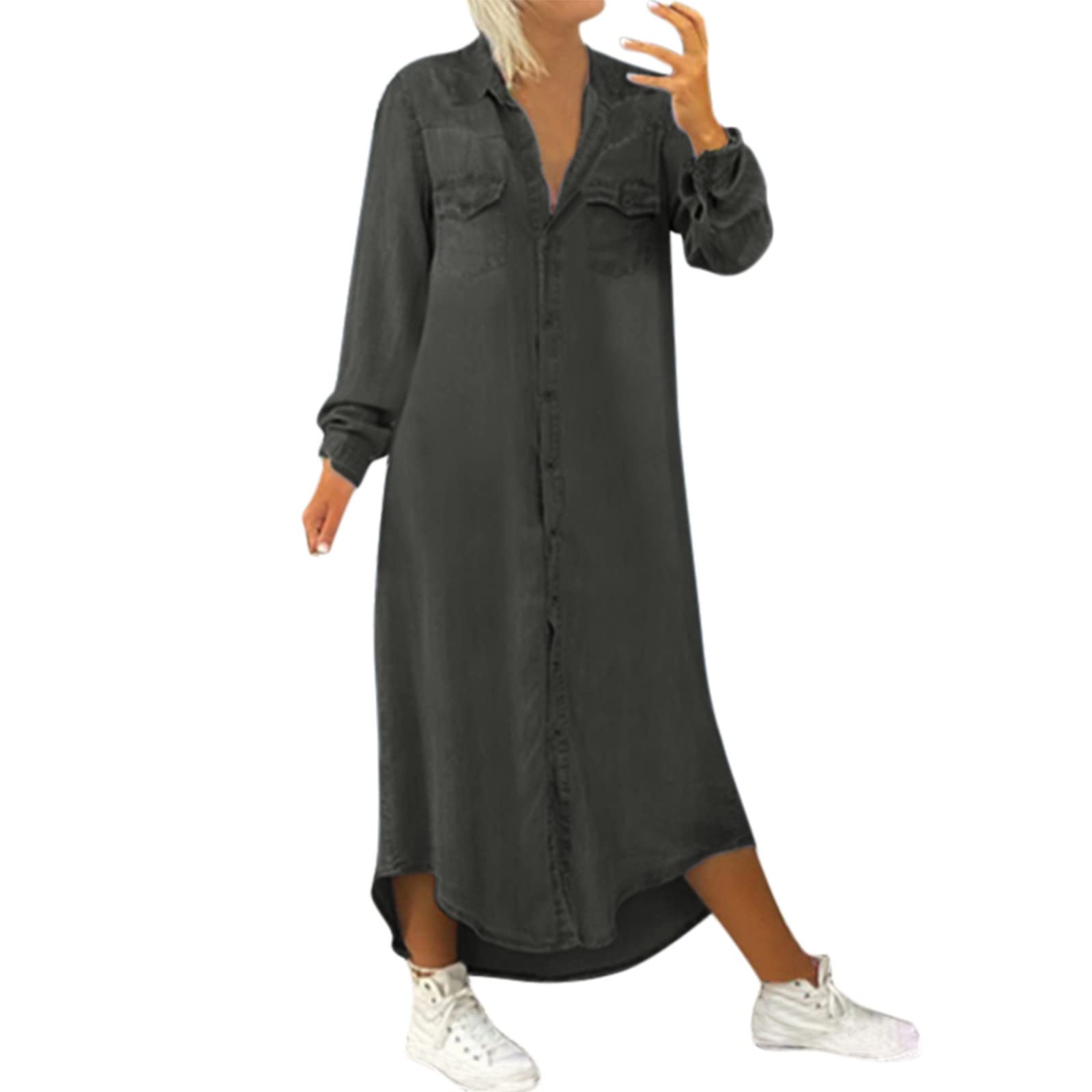 Trendy Women's Denim Shirt Dress 2022 - Long Sleeve Button Down Maxi Dress, Loose Casual Jean Dress for Everyday Wear | Perfect for Brunch, Shopping & Date Nights