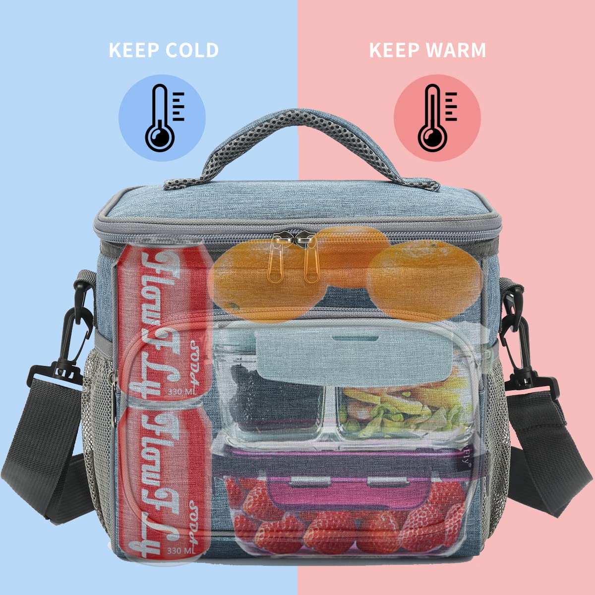 FlowFly Insulated Reusable Lunch Bag for Adults - Large Lunch Box with Adjustable Shoulder Strap, Front Zipper Pocket & Dual Mesh Side Pockets - Perfect for Work, School, Picnics & Outdoor Activities - Navy Blue
