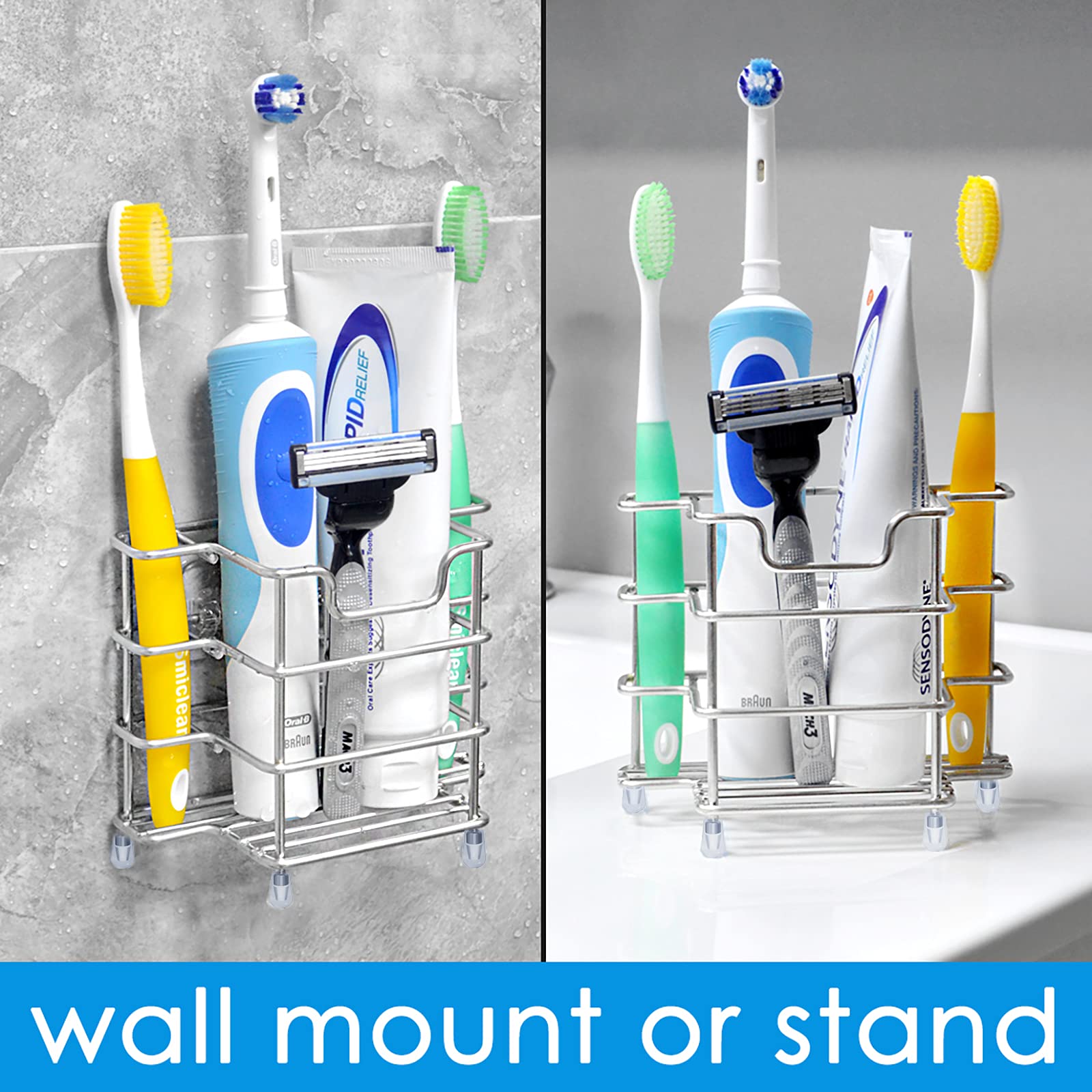 Linkidea 2 Pack Stainless Steel Wall Mount Toothbrush Holder - 3 Slot Bathroom Organizer for Electric Toothbrush, Toothpaste & Razor | Self-Adhesive Shower & Countertop Storage (Silver) | Perfect for Small Bathrooms & Travel
