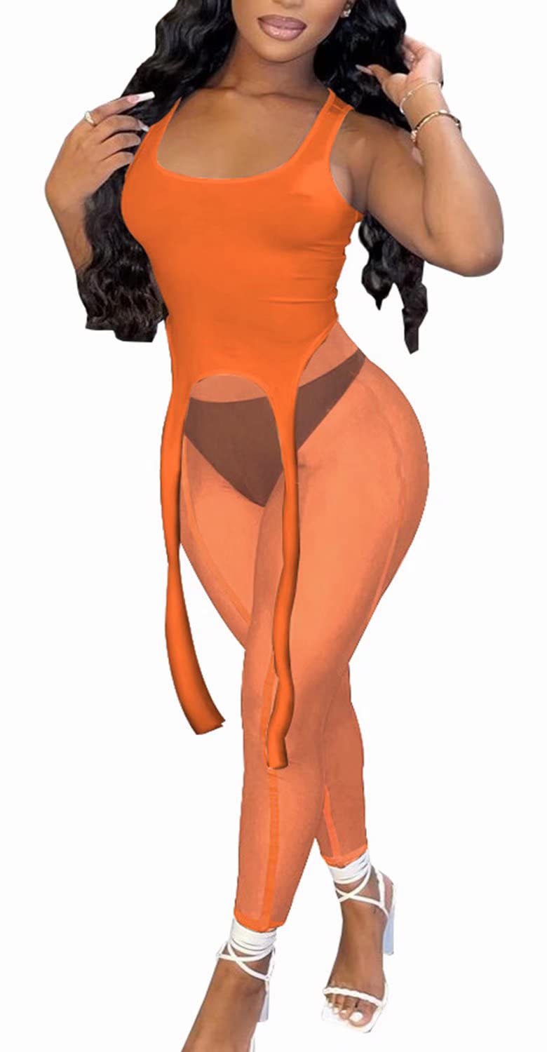 Sexy Women's 2-Piece Sheer Mesh Outfit - See-Through Pencil Pants & Cropped Tank Top Jumpsuit Set | Perfect for Date Night, Club Wear & Fashion Street Style