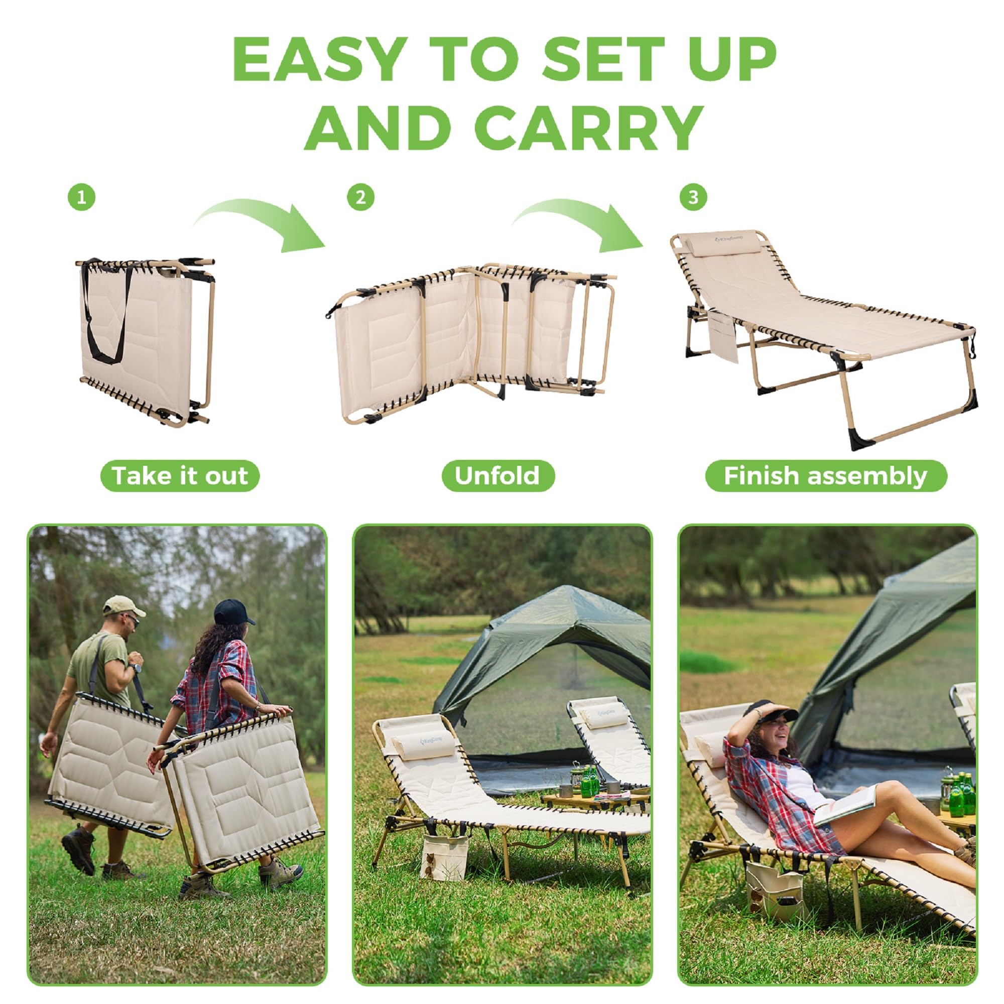KingCamp Oversized Padded Folding Chaise Lounge Chair - Heavy Duty Adjustable Recliner with Pillow & Storage Pocket for Outdoor, Patio, Beach, Pool - Perfect for Sunbathing, Tanning & Relaxing in Beige