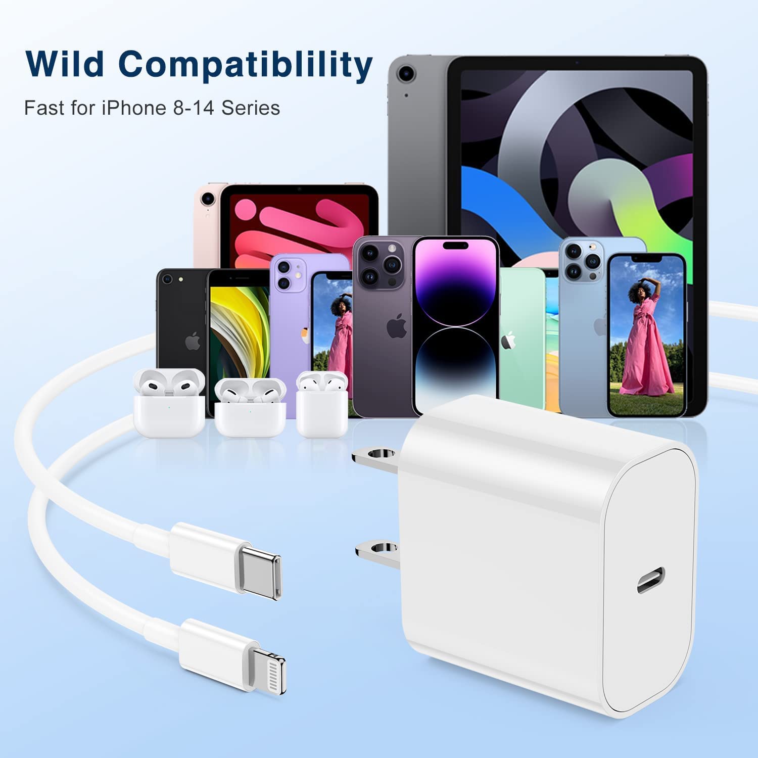 Apple MFi Certified 20W USB C Fast Charger - 2 Pack with 6ft USB C to Lightning Cable - Compatible with iPhone 13/12/11/XS/X/8 Plus - Perfect for Home, Office & Travel Charging