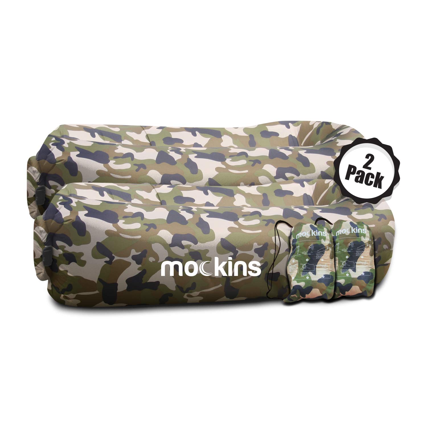 Nevlers 2 Pack Camo Inflatable Loungers - Portable Air Sofa for Beach, Camping, Backyard & Travel | Lightweight Outdoor Chair with Storage Pockets & Carry Bag | Perfect for Picnics, Poolside Relaxation & Festival Use