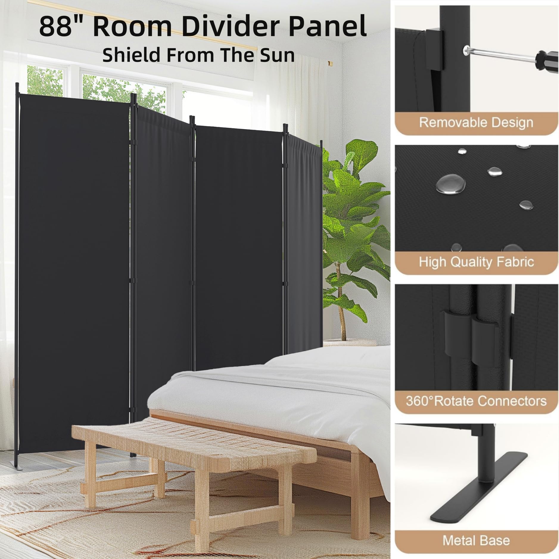 4 Panel Room Divider - 6FT Folding Privacy Screen with 3 Metal Feet | Portable Partition Wall for Office, Kitchen, Nursery & Dressing Room | Space Separator for Home, Events and Temporary Walls
