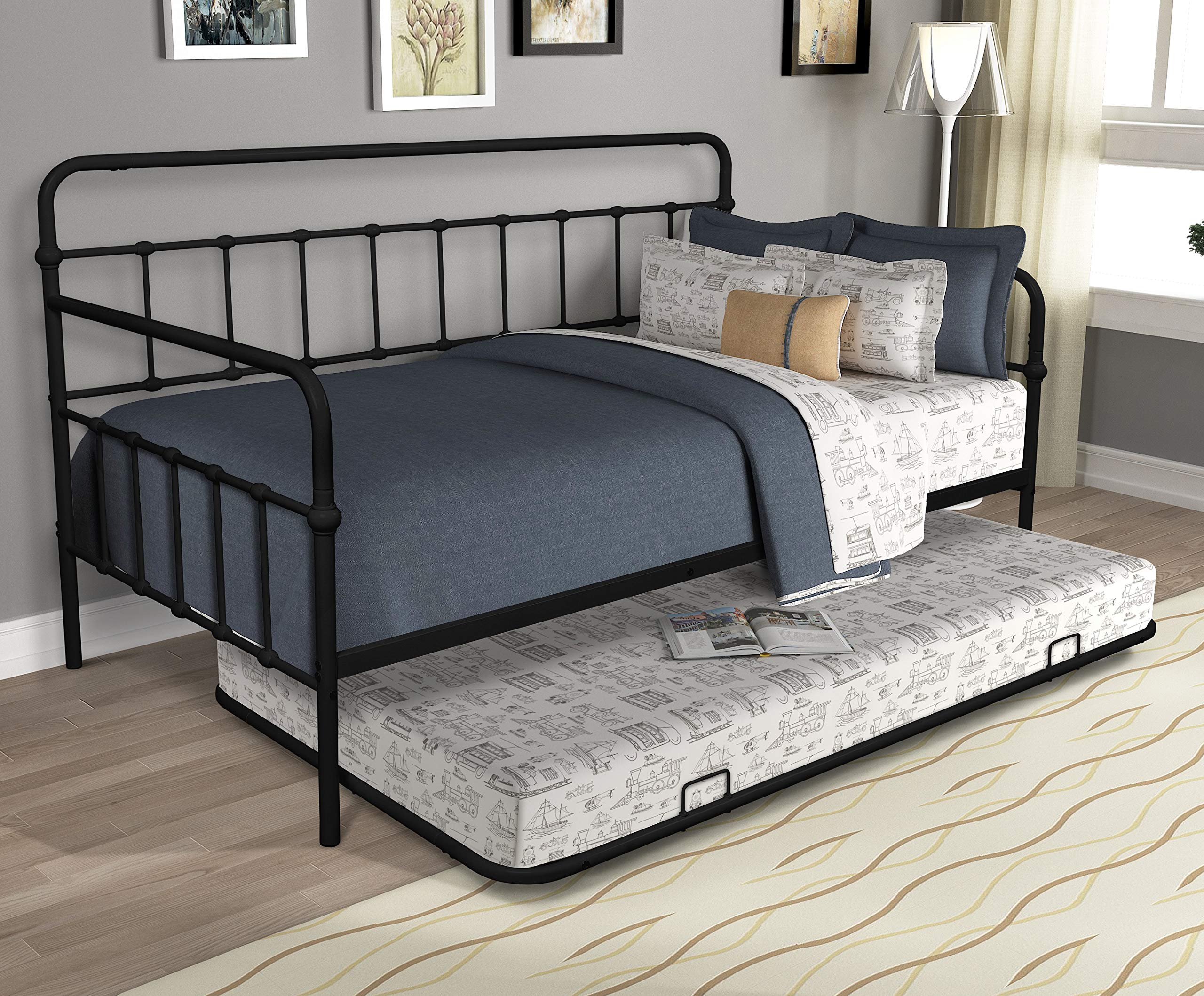 Rhomtree Twin Size Metal Daybed with Trundle - Convertible Sofa Bed Frame & Platform Bed - Space Saving Guest Bed (Black) | Perfect for Small Apartments, Guest Rooms & Dormitories