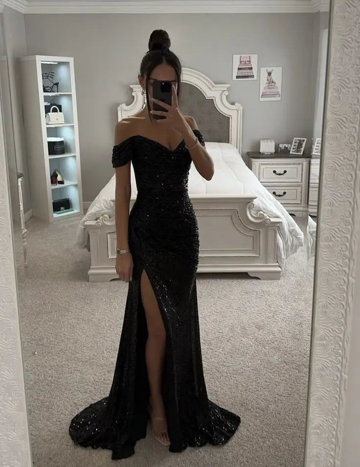 Elegant Off Shoulder Sequin Mermaid Maxi Dress for Women | 2025 Prom Party Evening Gown | Perfect for Formal Events, Weddings & Special Occasions
