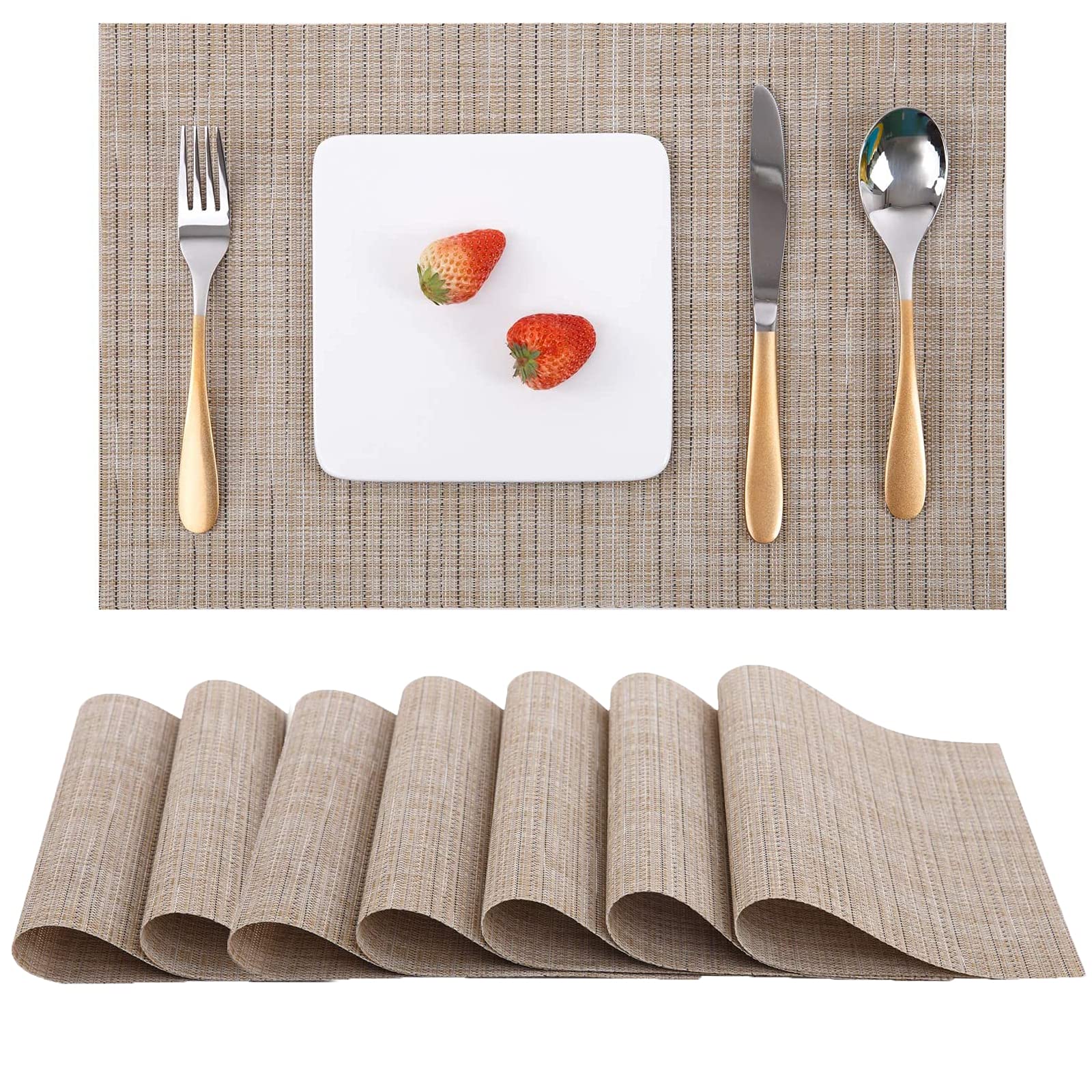 Myir JUN Set of 8 Non-Slip Heatproof Woven Placemats - Washable PVC Table Mats for Dining Room, Kitchen, and Office (Beige) | Perfect for Everyday Meals, Dinner Parties, and Home Decor