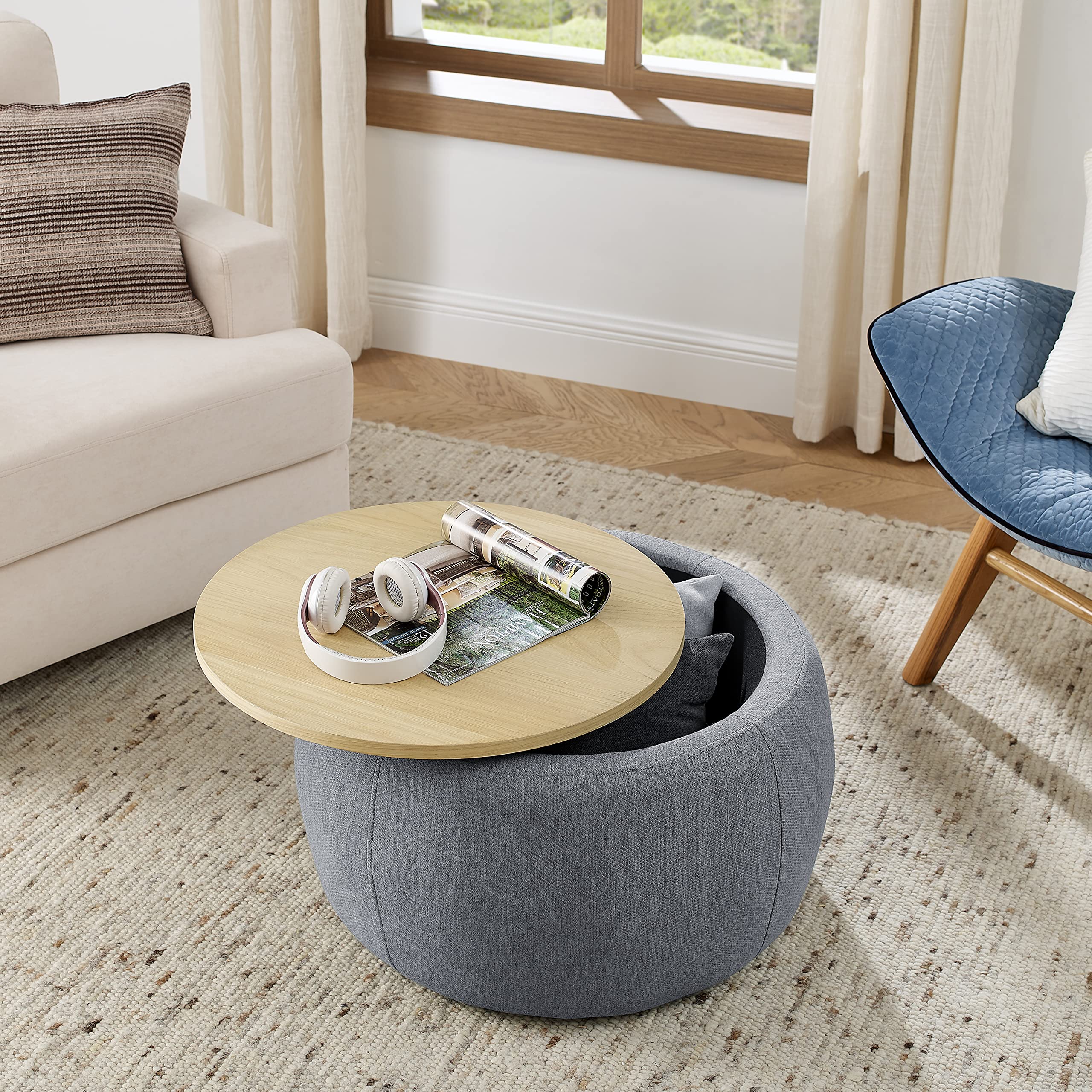 Round Storage Ottoman Coffee Table with Lift Top - Dark Grey Footstool, Side Table & End Table for Living Room, Bedroom & Dorm - Perfect for Extra Seating & Hidden Storage