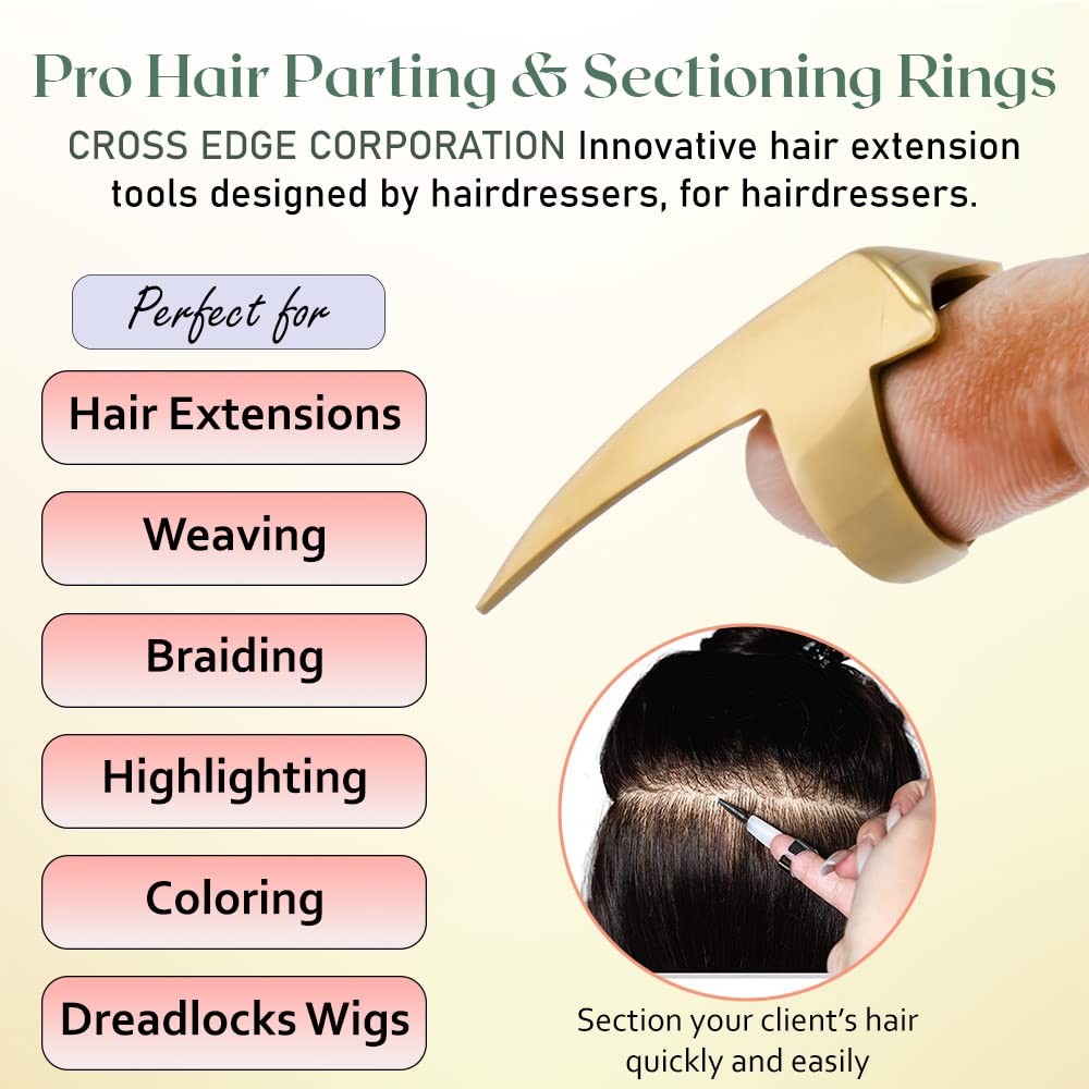 Stainless Steel Hair Parting & Sectioning Ring - Professional Finger Braiding Hair Pick Tool for Quick Human Hair Extensions Installation - Perfect for Styling, Braiding, and Salon Use (Gold)