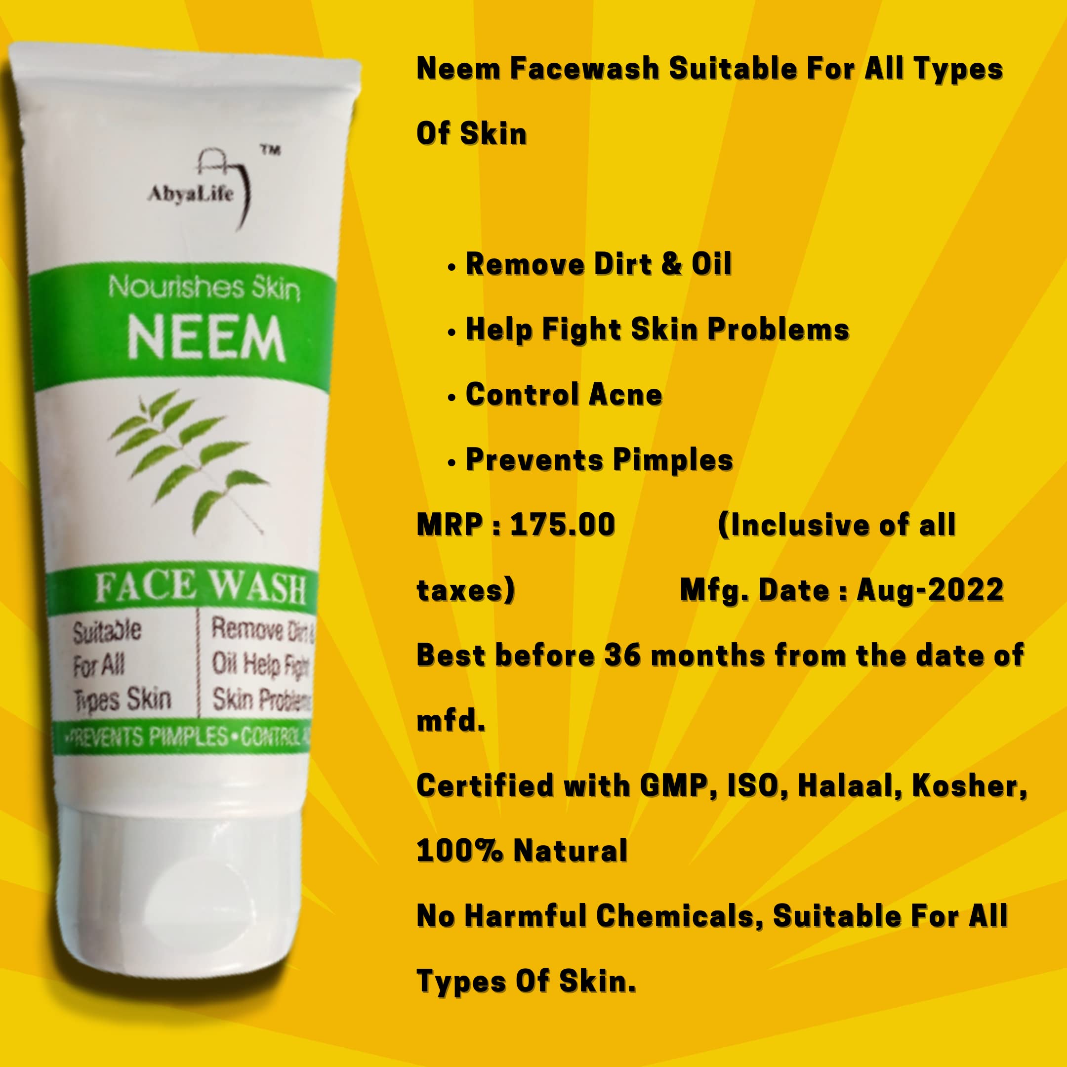 AbyaLife Neem Face Wash for Men & Women - 100ml Natural Acne & Pimple Control Cleanser | Gentle Daily Skincare for Oily & Problem Skin