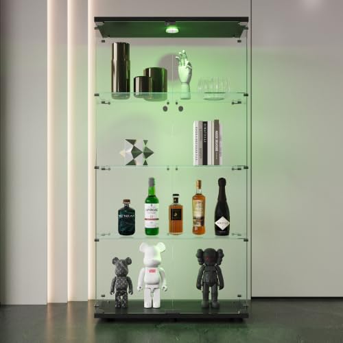 KEIKI 4-Tier Glass Display Cabinet with LED Lights - Lockable Curio Cabinet for Trophy Collections, Home Decor & Retail Displays - Black Standing Glass Shelf with Doors & Handle