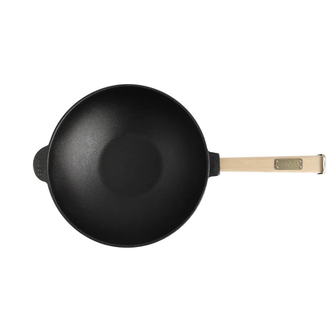 4BIG.fun 26cm Cast Iron Wok Pan with Wooden Handle - 2.8L Capacity - Outdoor & Camping Cooking - Perfect for Stir Fry, Sautéing, and Open Flame Cooking