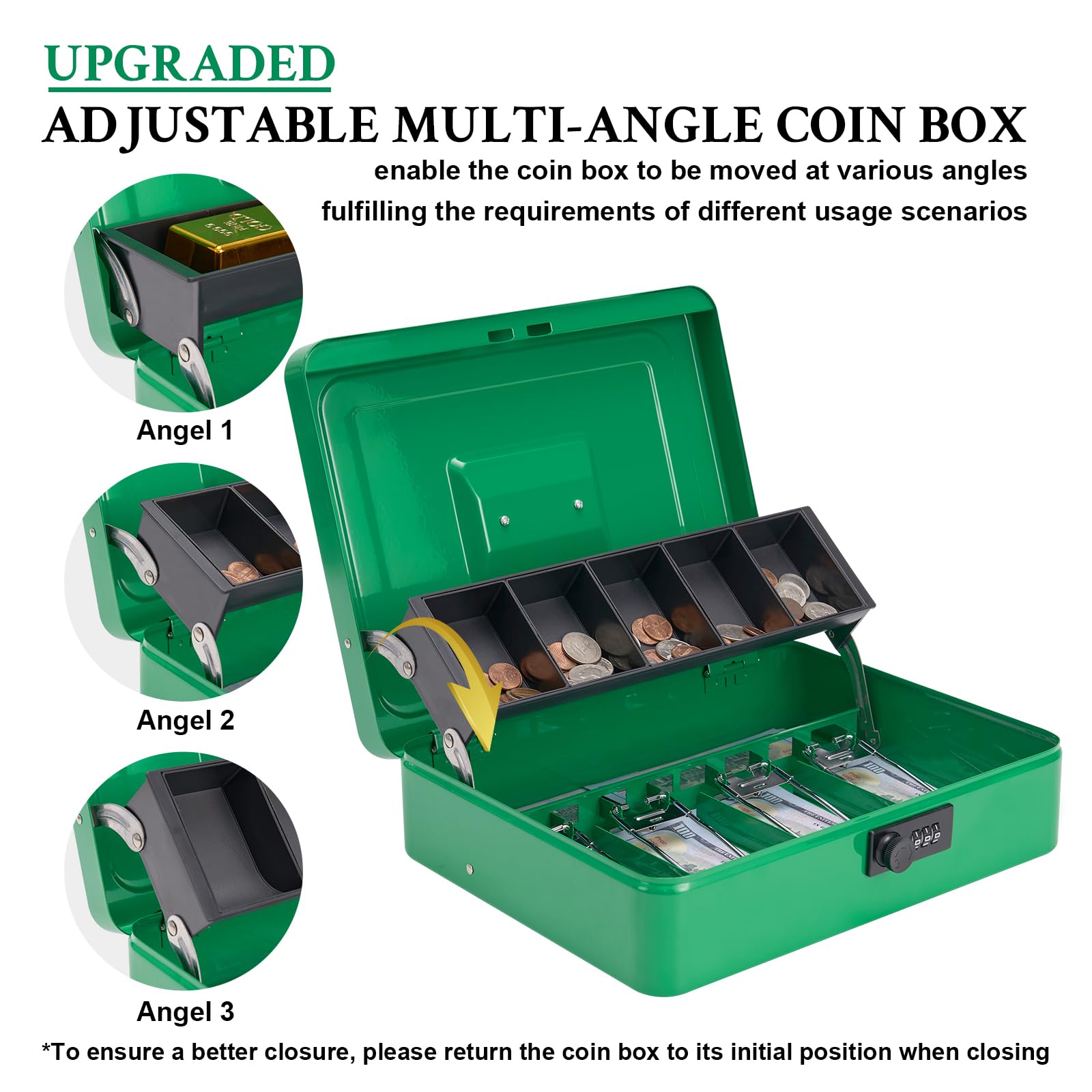 Secure Metal Cash Box with Combination Lock - Money Safe Box with Cash Tray, 4 Bill & 5 Coin Slots (11.8