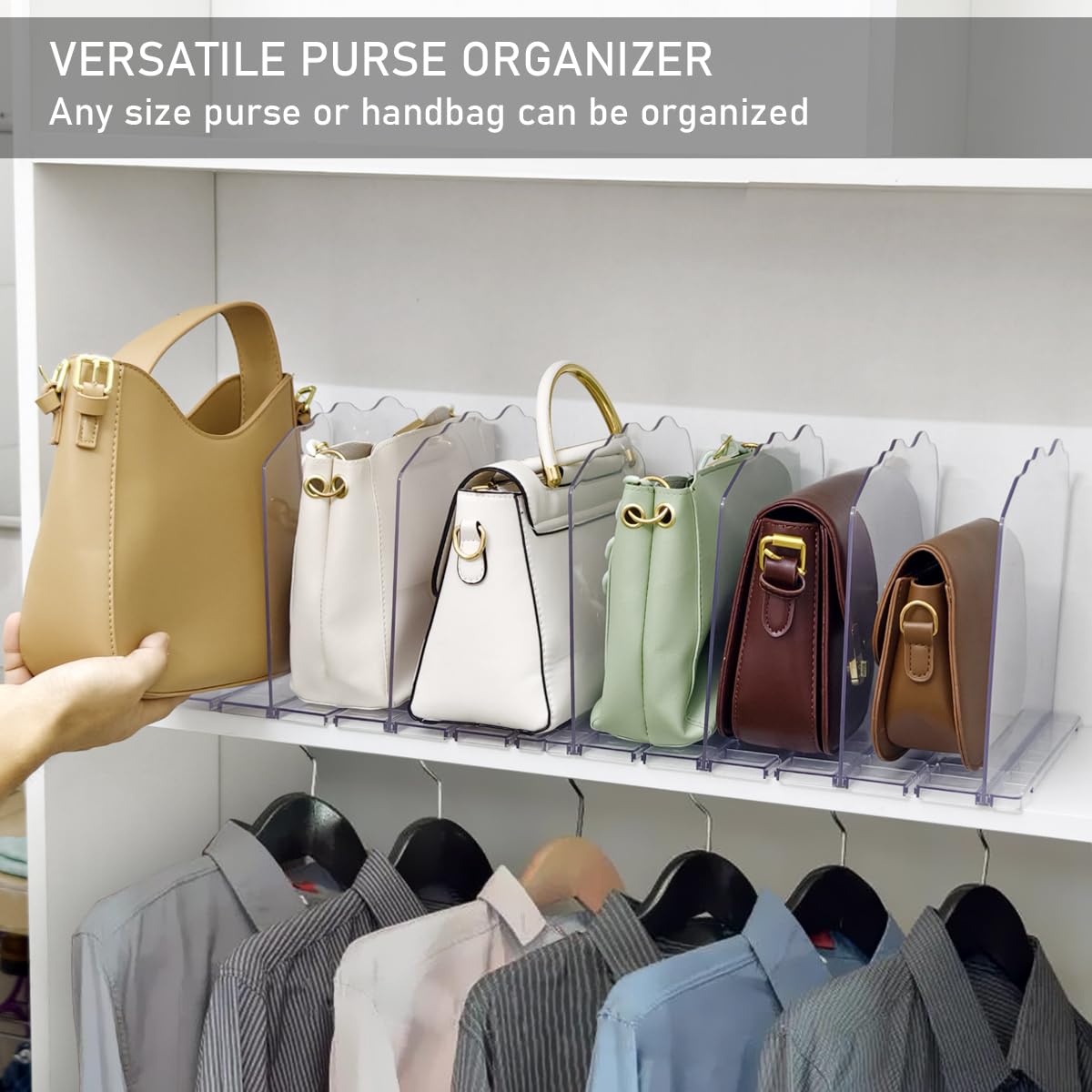 Clear Adjustable 8-Divider Purse Organizer for Closet Shelves - Handbag & Purse Storage Solution for Bedroom, Walk-in Closet, and Dorm Organization
