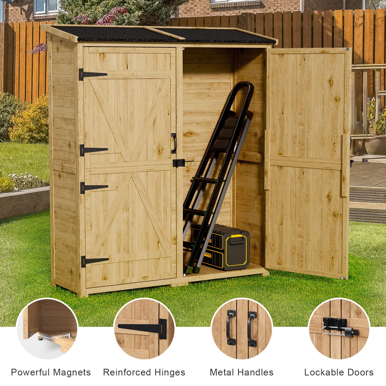**Gizoon Waterproof Outdoor Storage Cabinet - Double Lockable Doors, 2 Removable Shelves, Large Wooden Garden Shed for Patio, Backyard & Lawn | Perfect for Storing Tools, Cushions & Outdoor Gear**