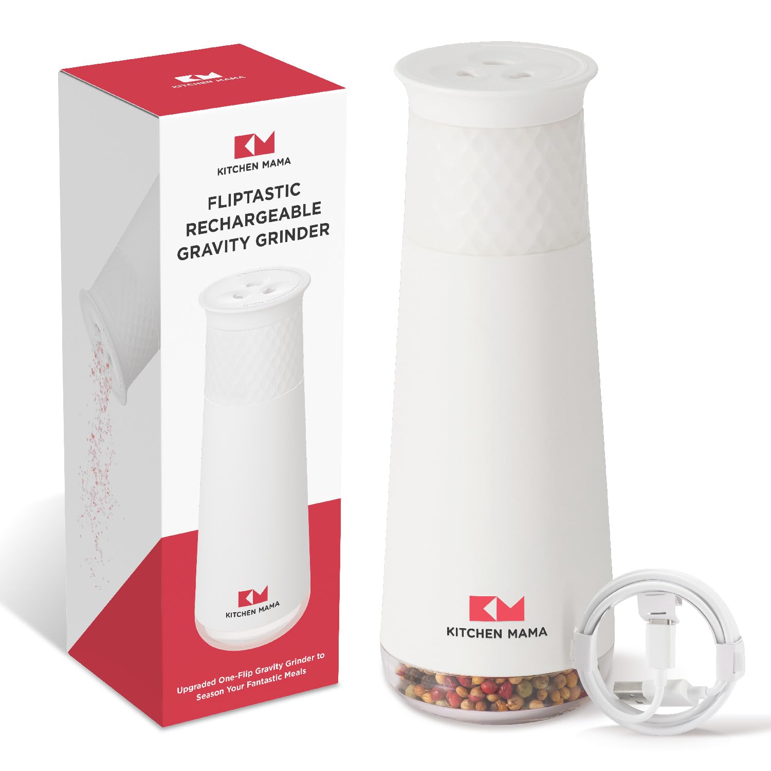Rechargeable Electric Gravity Salt and Pepper Grinder - Adjustable Coarseness, One-Hand Operated, Refillable & Lightweight Spice Dispenser (White) | Perfect for Kitchen, Dining Table, Camping & Outdoor Cooking