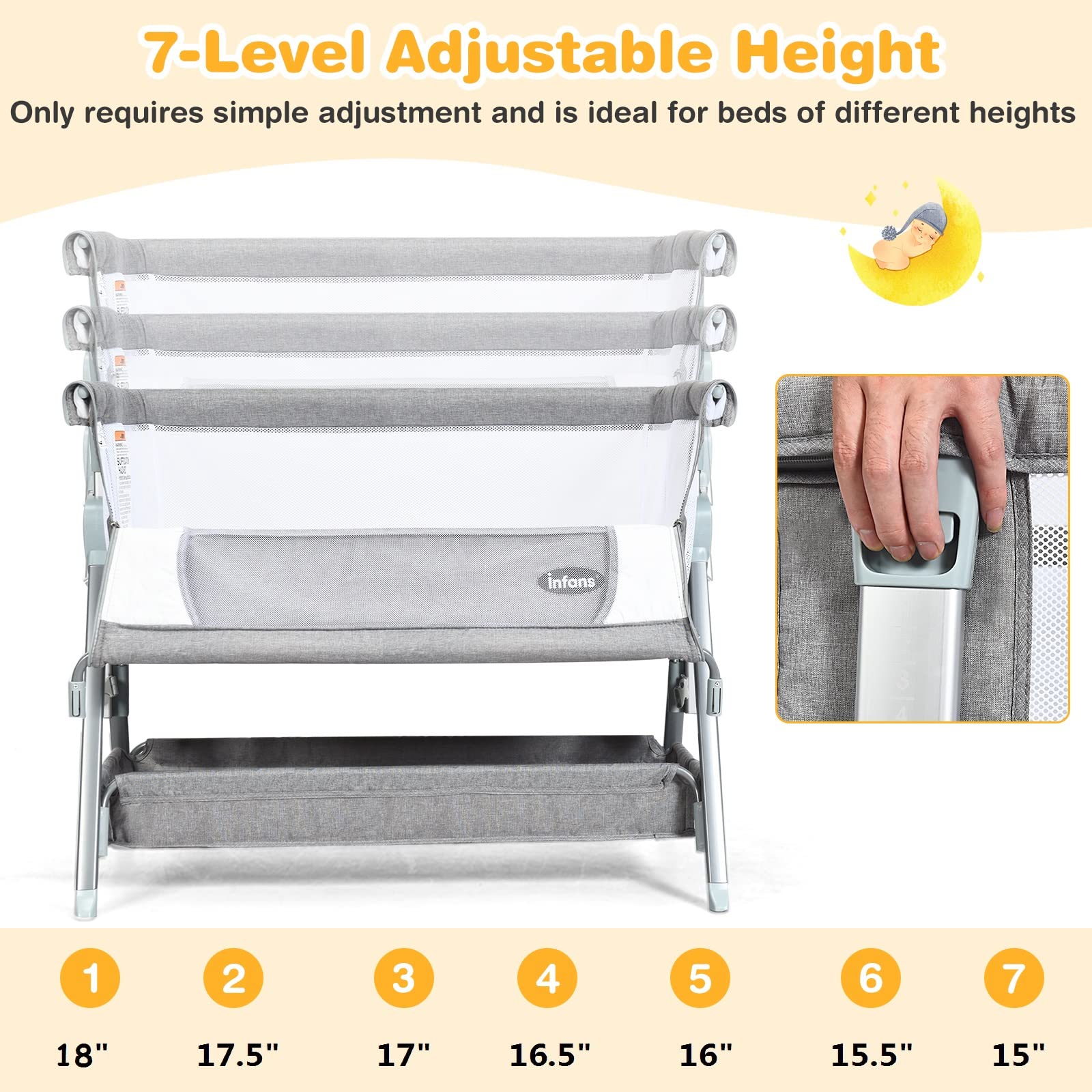 INFANS Baby Bassinet Bedside Crib - Adjustable Newborn Sleeper with Large Storage Basket, Breathable Mesh & Washable Mattress - Portable Bedside Crib for Nursery, Bedroom & Travel (Dark Grey)
