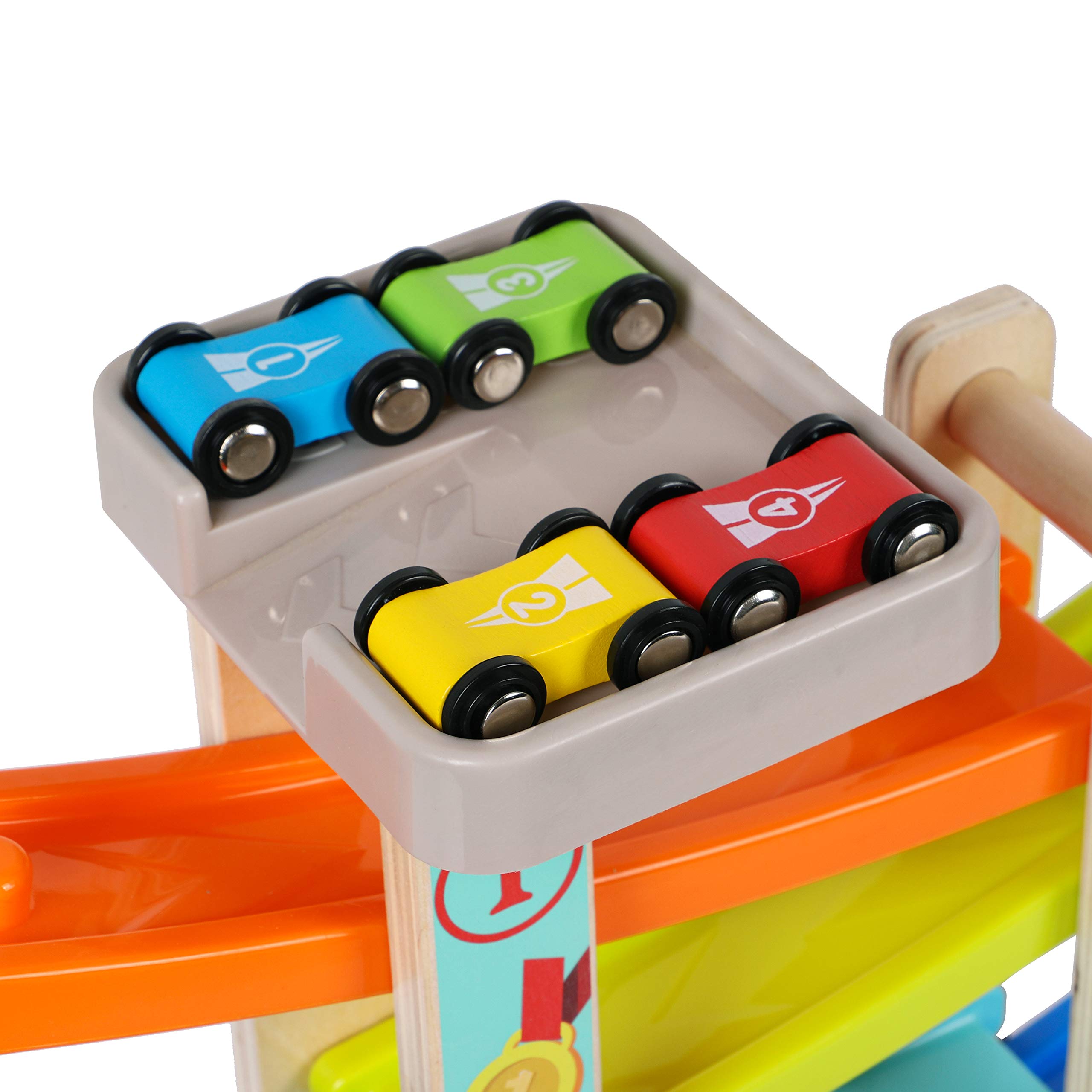 TOWO Wooden Car Ramp Toy Set - Zig Zag Race Track with 4 Wooden Cars & Parking Garage - Click Clack Racer for Toddlers - Educational STEM Toys for Boys Girls Ages 2 3 4 - Perfect for Indoor Play, Birthday Gifts & Preschool Learning Activities
