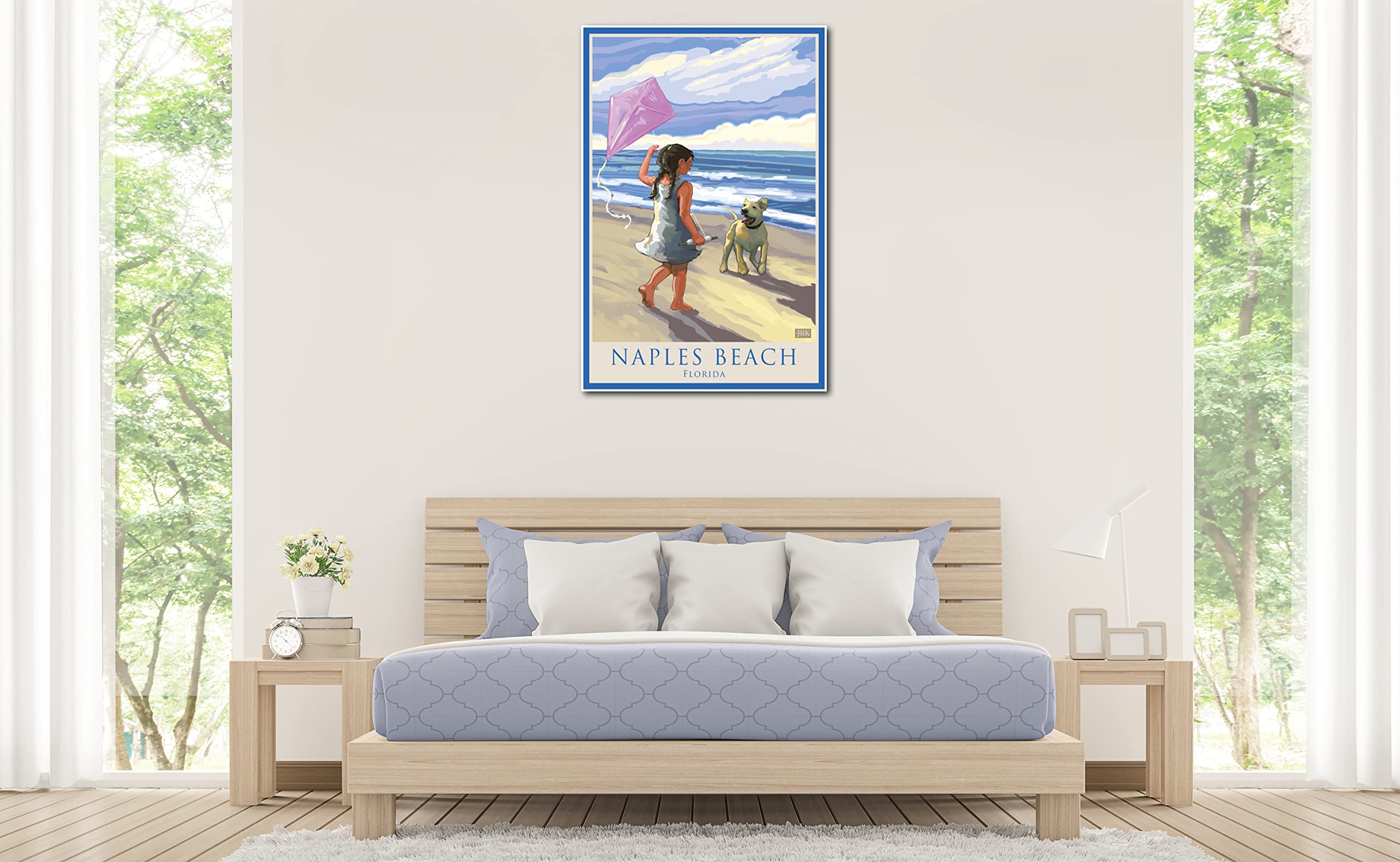 Florida Naples Beach Art Print - Girl, Dog & Kite Illustration by Joanne Kollman - 30x45 Inch Giclee Poster - Perfect for Beach House Decor, Living Room Wall Art & Coastal Themed Gifts