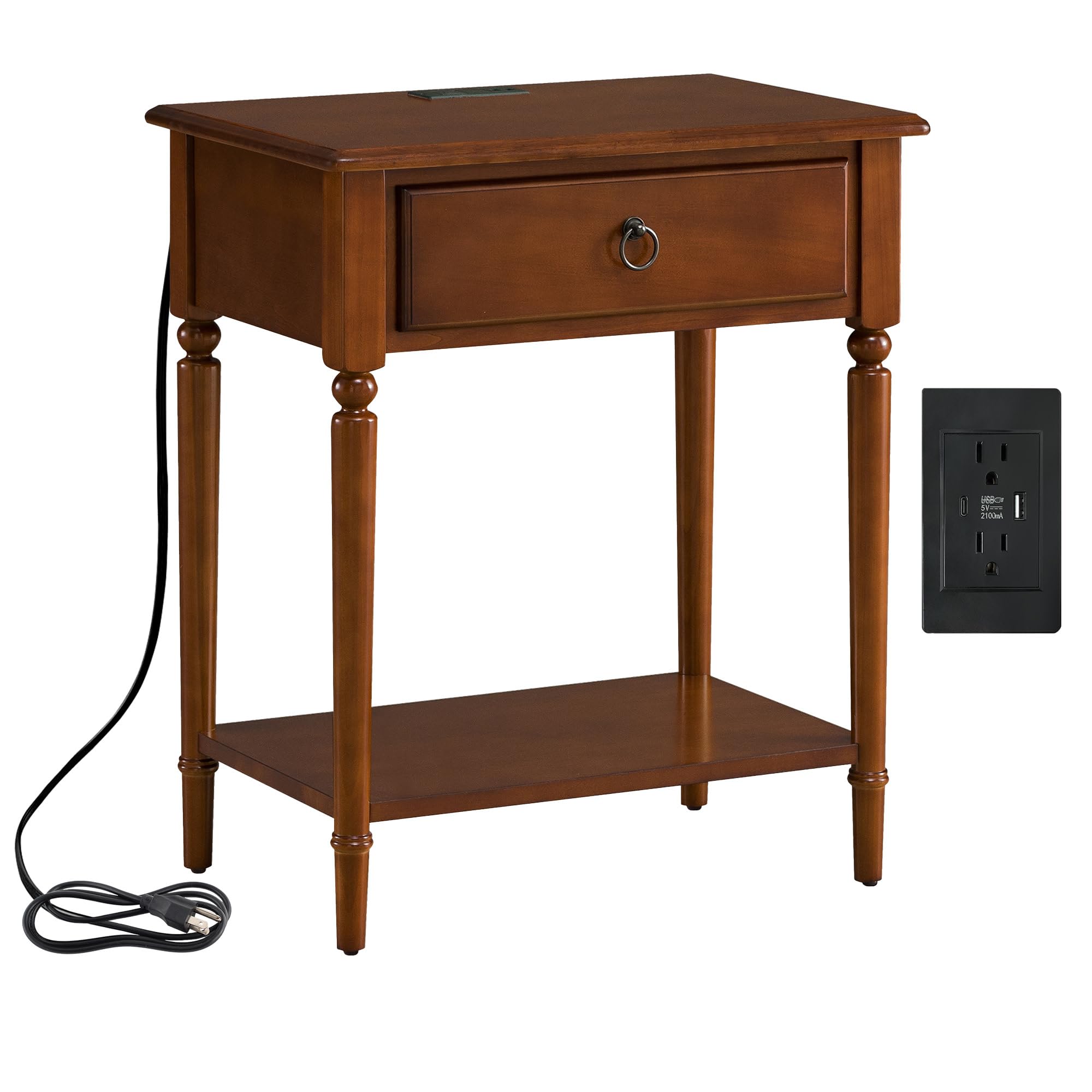 Leick Home Coastal USB-C Fast Charging Side Table - Solid Wood Pecan Brown Nightstand with Built-in Charging Station | Perfect for Bedrooms, Living Rooms & Small Spaces | Ideal for Charging Devices by Bed or Sofa