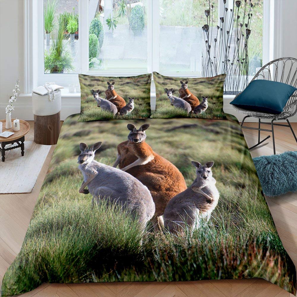 3-Piece Kangaroo Duvet Cover Set for Kids - Twin Size Vivid Cartoon Unicorn & Grassland Wild Animals Design | Soft Luxury Princess Style Bedspread | Perfect for Girls' Room, Nursery Decor & Children's Bedroom