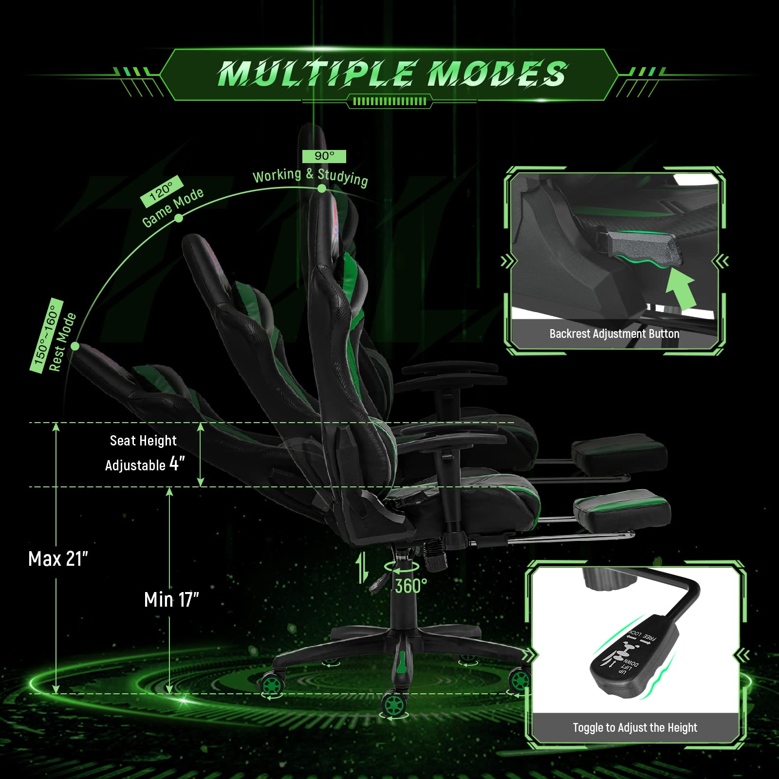 Premium Gaming Chair - High Back Ergonomic Computer Racing Chair with Adjustable Lumbar Support & Footrest - Swivel Office Gamer Chair for PC, PS5, Xbox - Black Green (Perfect for Esports, Streaming & Home Office)