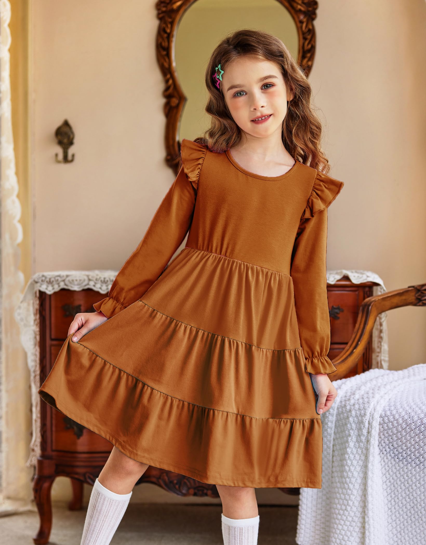 Arshiner Girls Ruffle Sleeve Tiered Flared Midi Dress with Pockets - Fall Flowy Party Dress for Kids, School, Birthday & Special Occasions