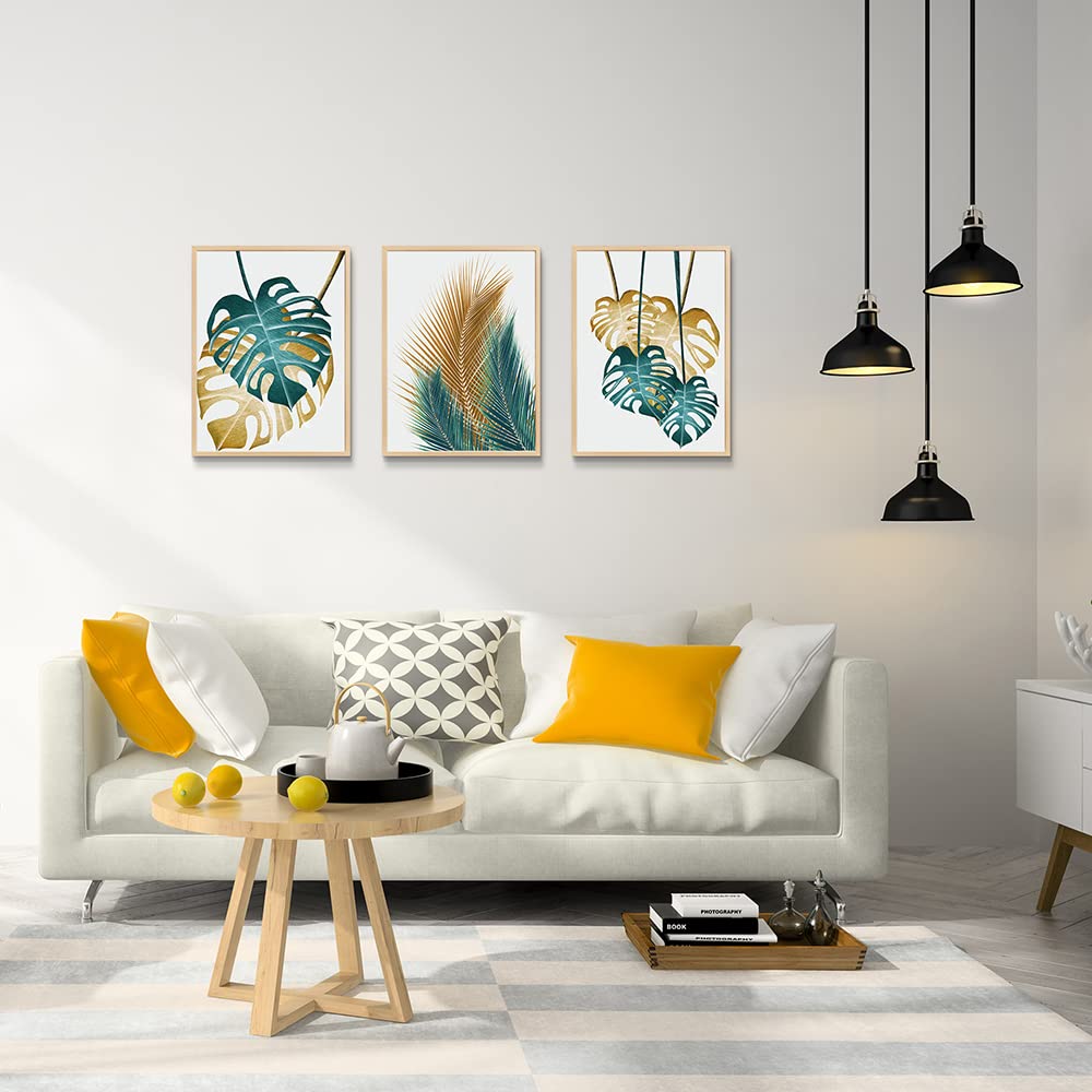 Natural Wood Framed Wall Art Set of 3 - Abstract Leaf Painting Prints for Living Room, Bedroom, Kitchen & Bathroom Decor - Ready to Hang Home Decorations for Modern Interior Design
