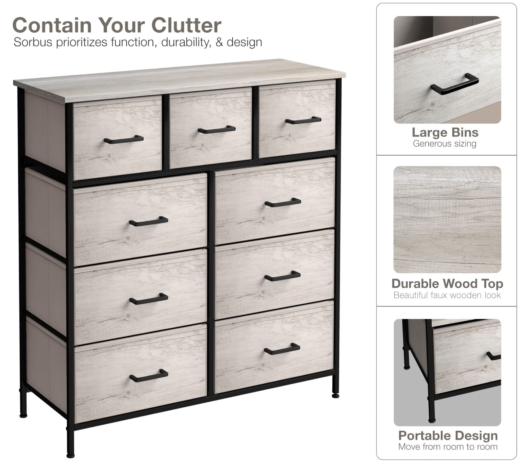 Sorbus 9-Drawer Dresser Organizer - Faux Wood Storage Chest for Clothes & Accessories - Bedroom, Closet, Dorm Room Furniture with Steel Frame & Wood Top - Perfect for Small Spaces, Apartment Living & Home Organization