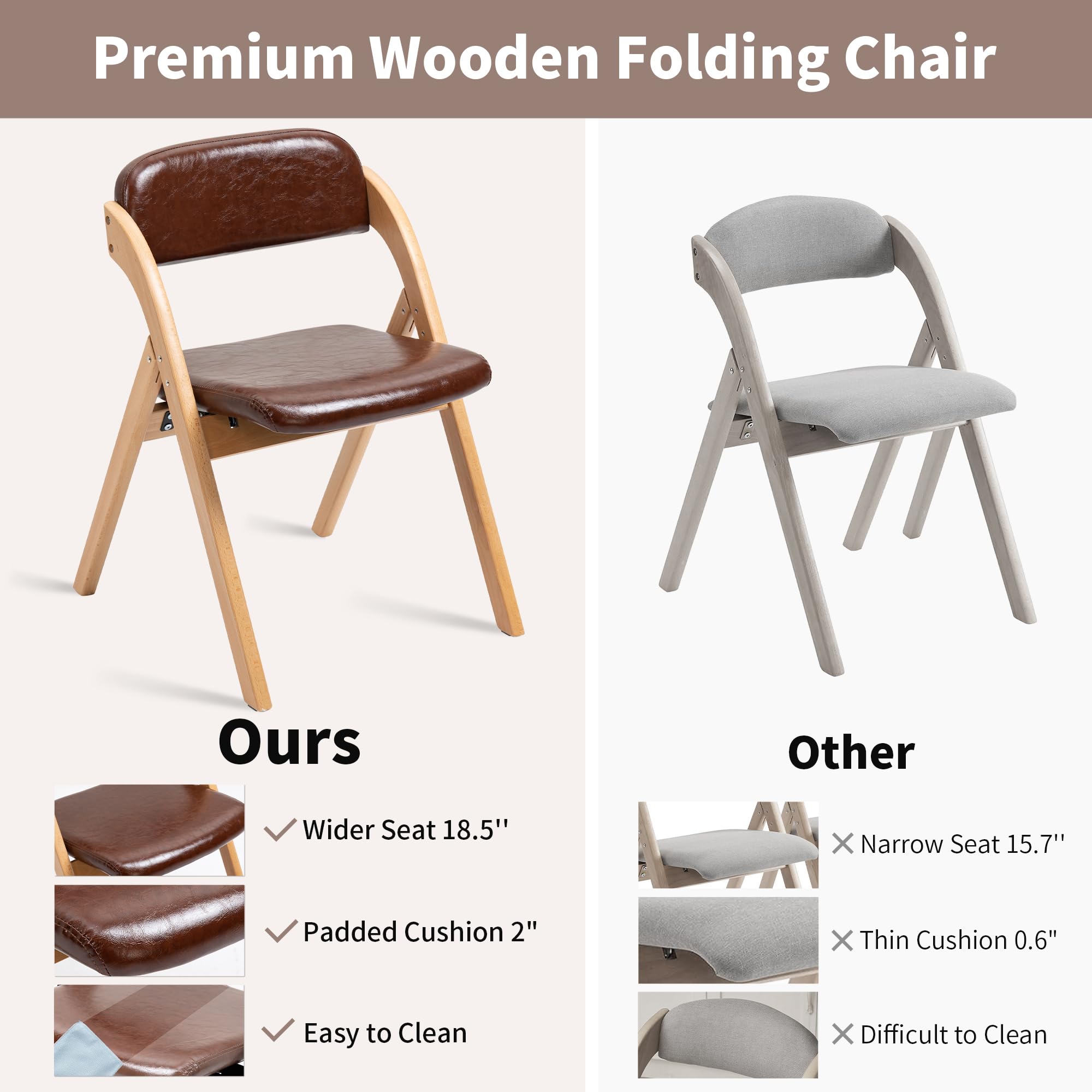 HOMEFUN PU Folding Chairs with Padded Seats - Set of 2 Wooden Stackable Dining Chairs for Kitchen, Office, Wedding & Guest Use - Easy to Assemble Space-Saving Furniture for Home & Events