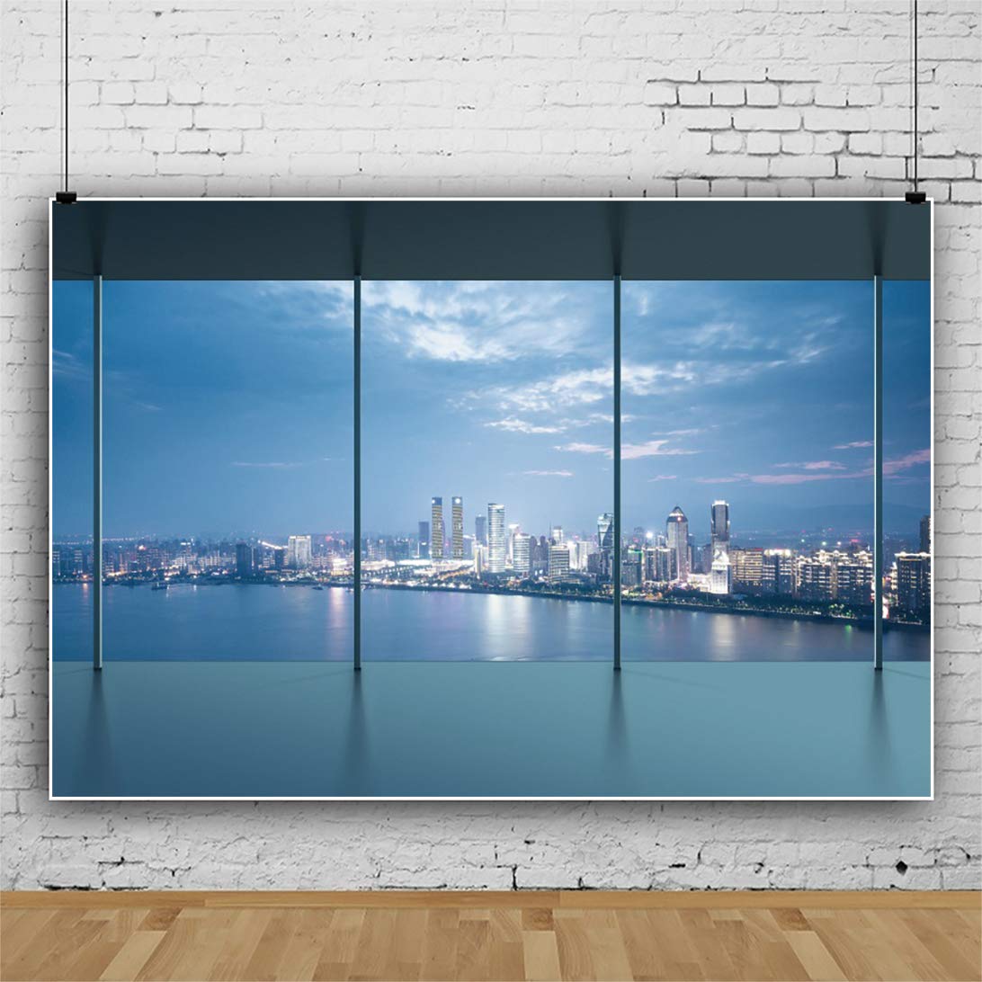 CSFOTO 12x10ft Office Backdrop - French Windows with Urban Skyscraper Night View - Zoom Meeting & Video Recording Background - Perfect for Home Office Decor & Virtual Presentations