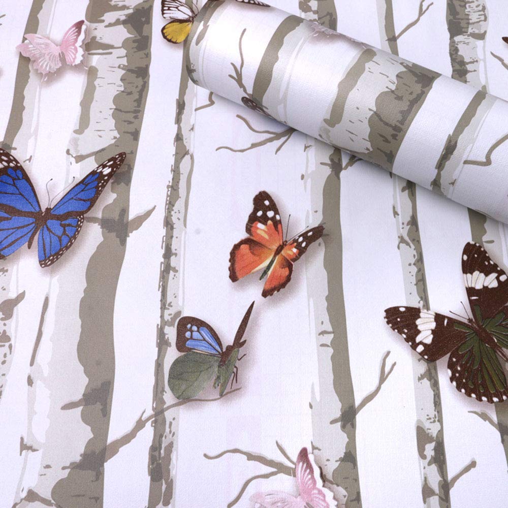 Self-Adhesive White Birch Butterfly Wallpaper - Peel and Stick Vinyl Shelf Liner for Drawers, Dressers & Cabinets - 17.7x117 Inch Removable Backsplash Wall Sticker - Perfect for Kitchen, Bathroom & Nursery Decor
