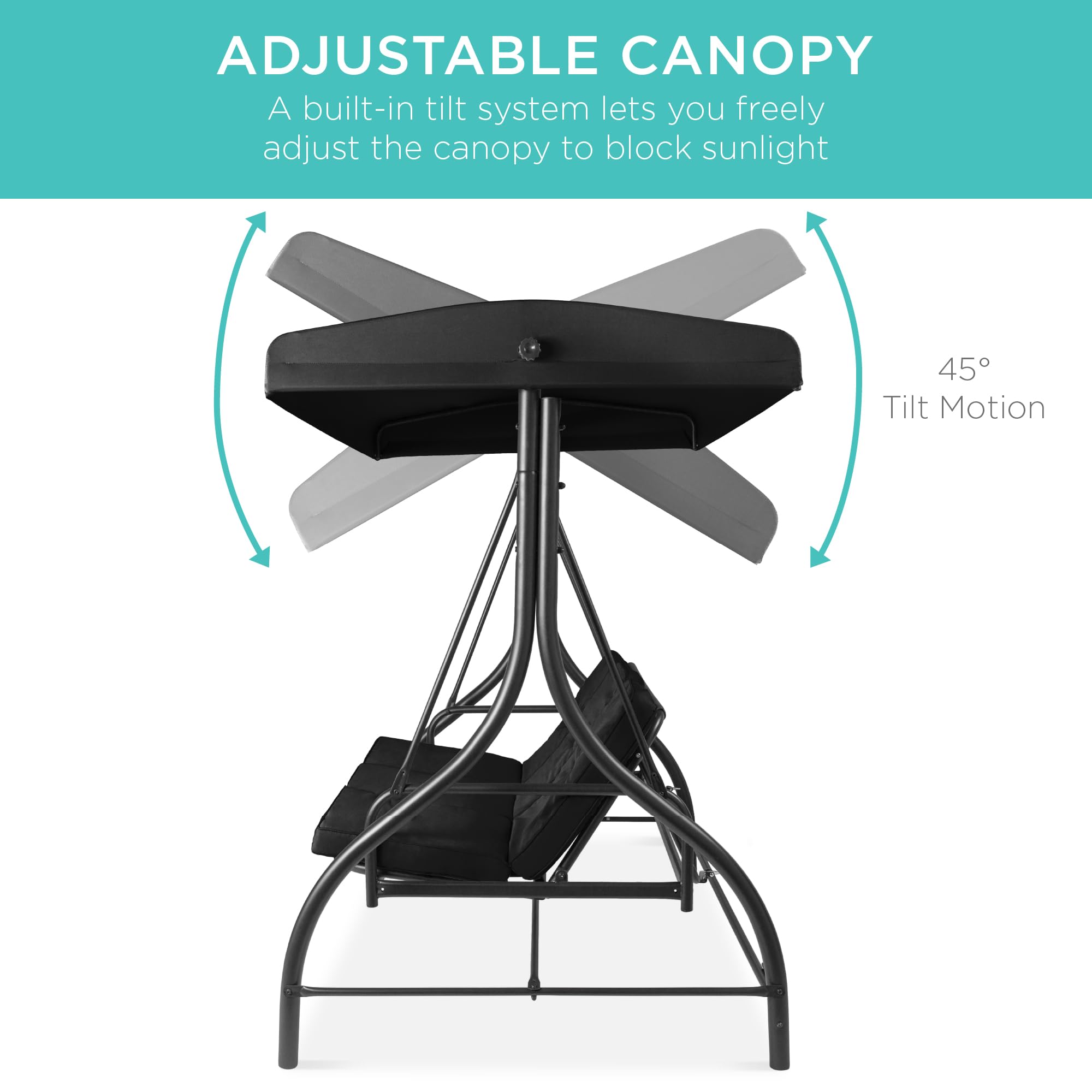 Best Choice Products 3-Seat Outdoor Canopy Swing Glider with Adjustable Shade - Patio Hammock Lounge Chair for Porch, Backyard, Garden w/ Removable Cushions & Flatbed - Perfect for Relaxing, Sunbathing & Outdoor Gatherings - Black